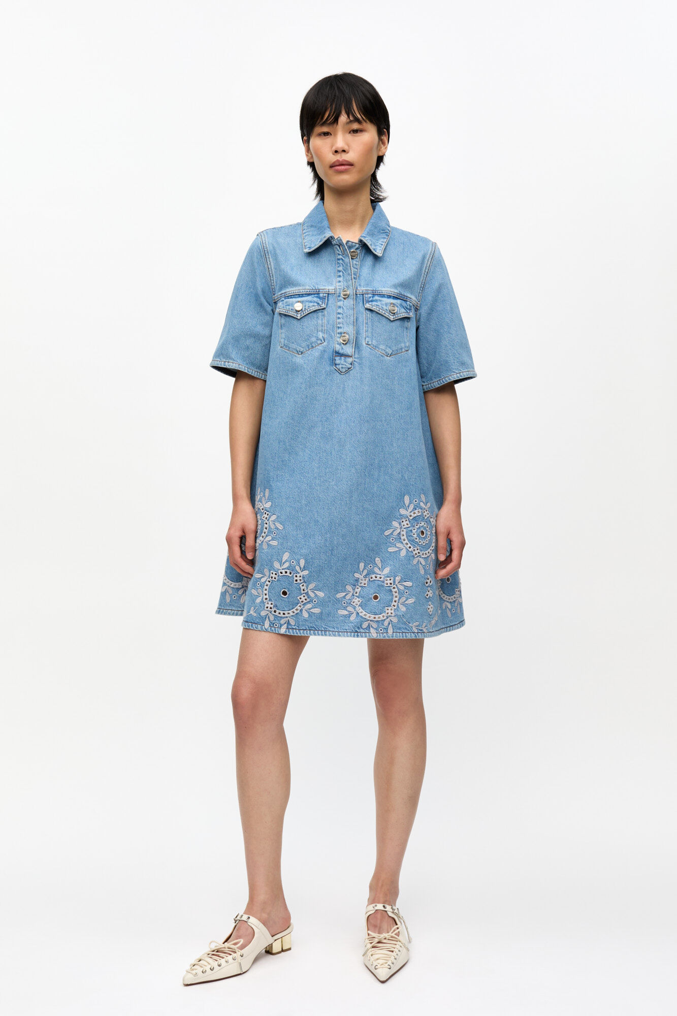 Broderie Anglaise Mini Dress, Cotton, in colour Light Blue Stone - 1 - GANNI