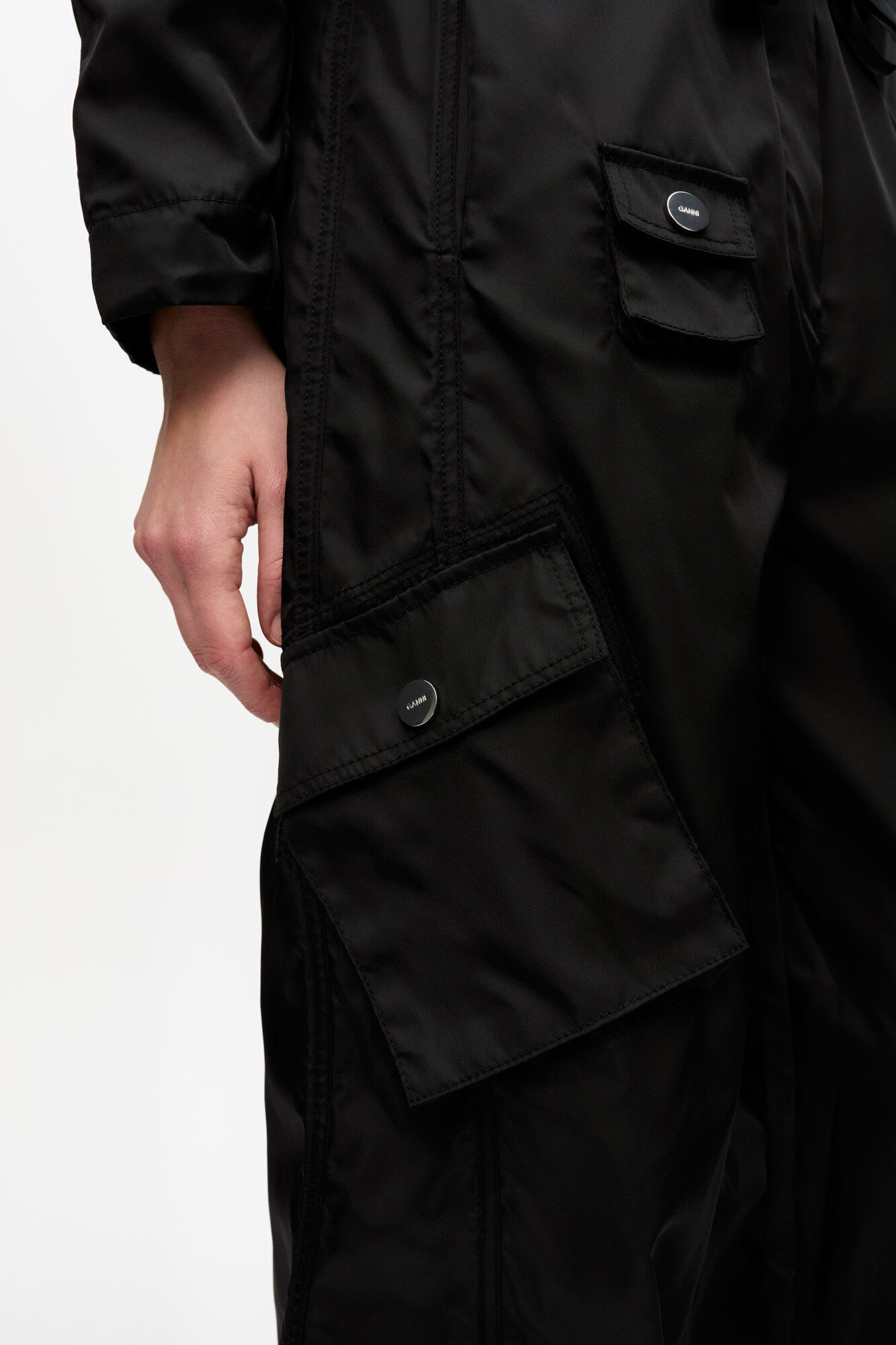 Black Duchesse Nylon Cargo Trousers, Polyurethane, in colour Black - 4 - GANNI