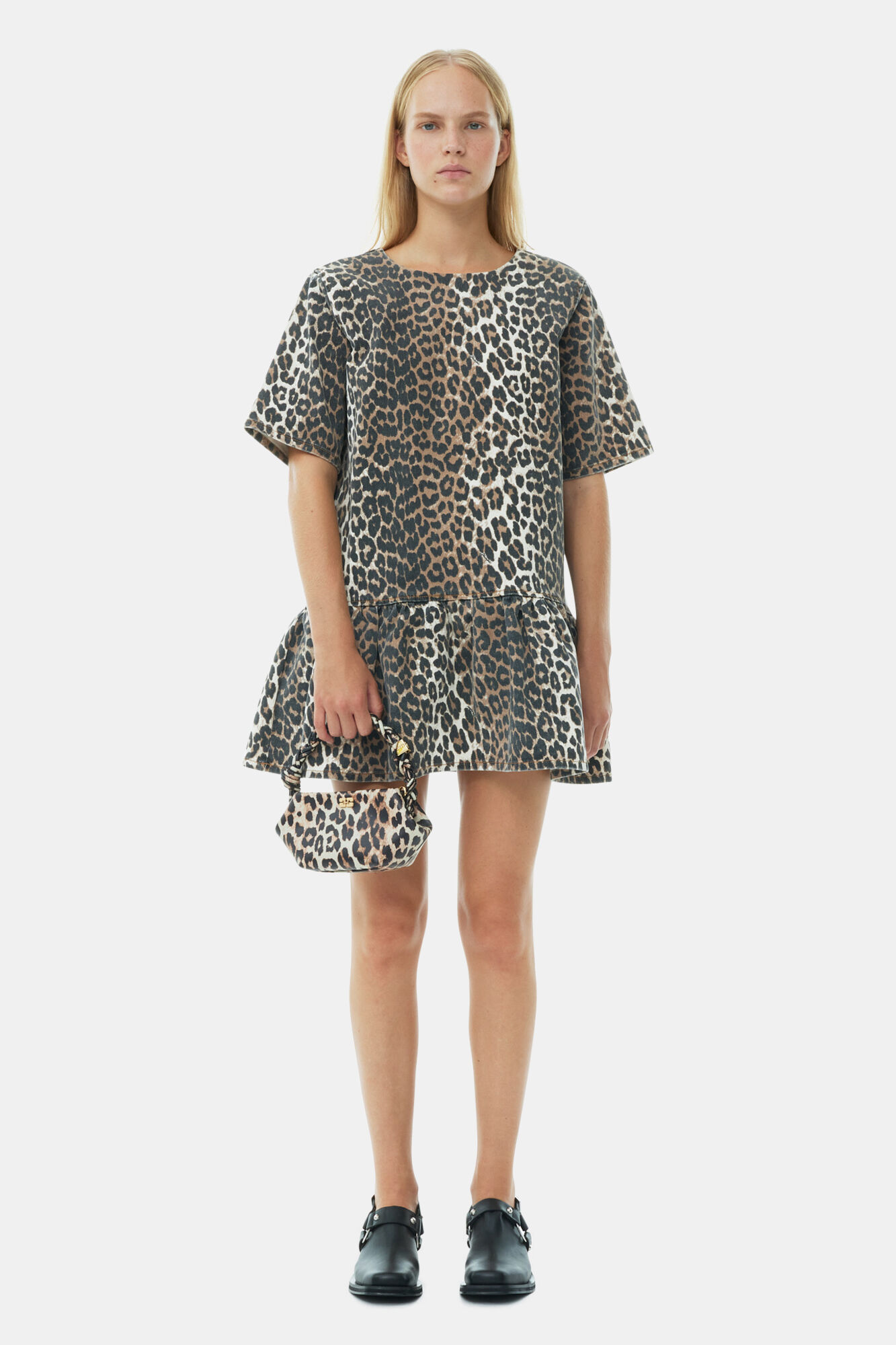Leopard Open-back Mini Denim Dress, Cotton, in colour Leopard - 1 - GANNI