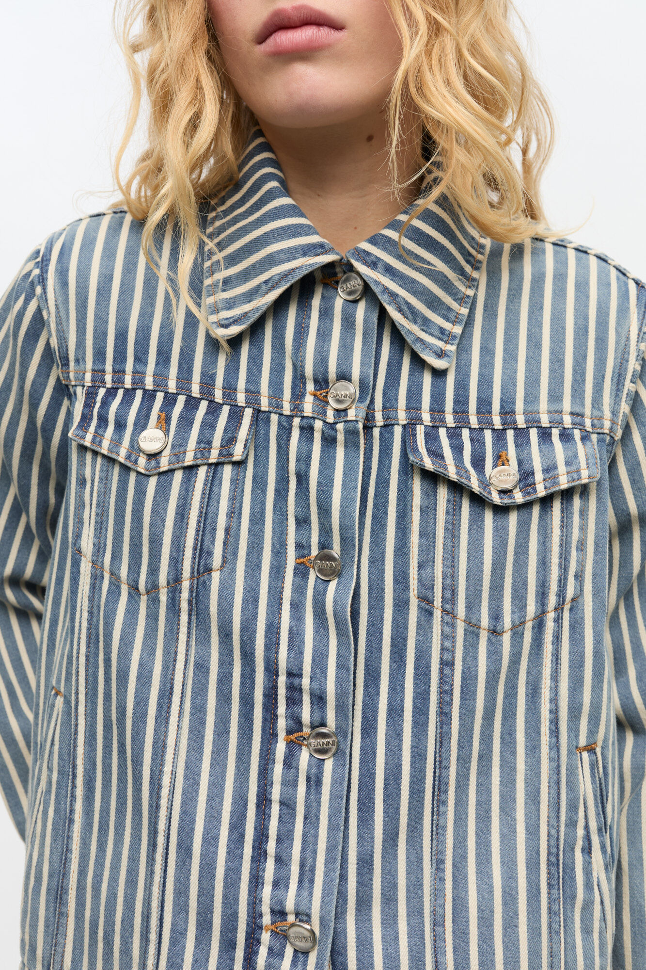 Striped Denim Jacket, Cotton, in colour Soft Chambray - 4 - GANNI