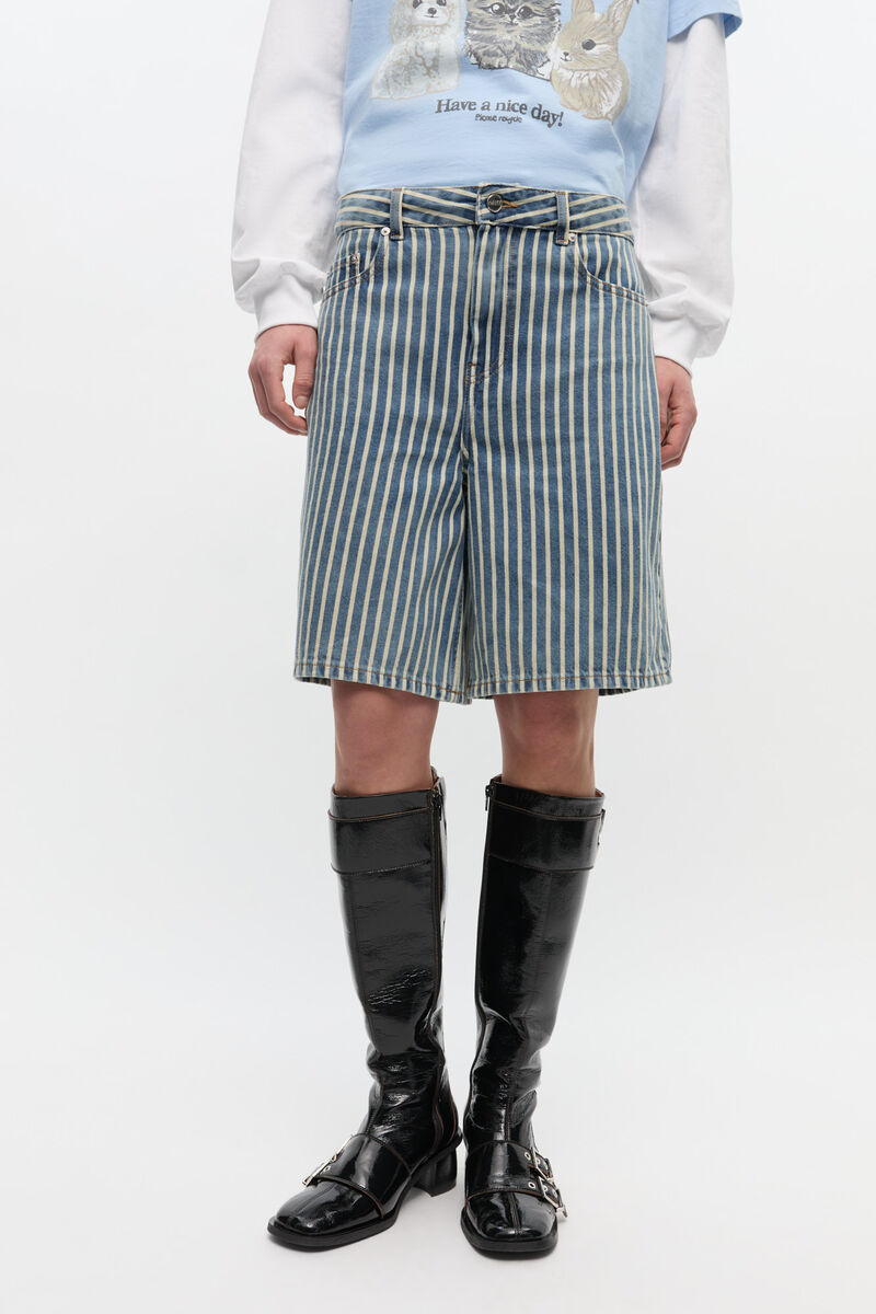 Striped Denim Shorts, Cotton, in colour Soft Chambray - 2 - GANNI