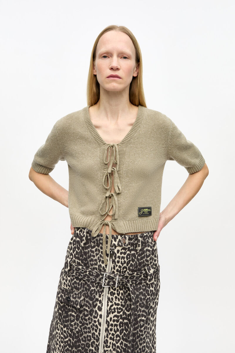 Brown Future Wool Mix Short Sleeve Cardigan, Recycled Wool, in colour Dusty Olive - 1 - GANNI
