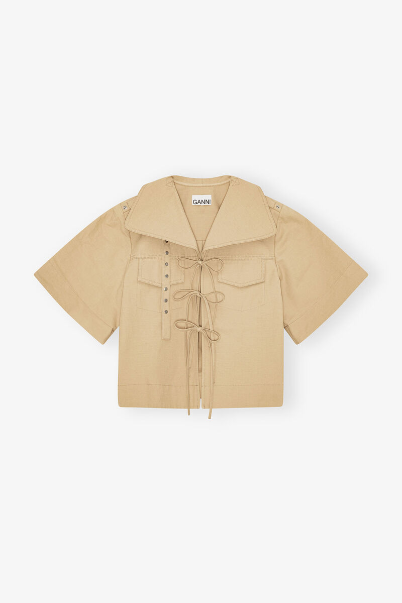 Beige Stretch Cotton Blouse, Linen, in colour Pale Khaki - 3 - GANNI