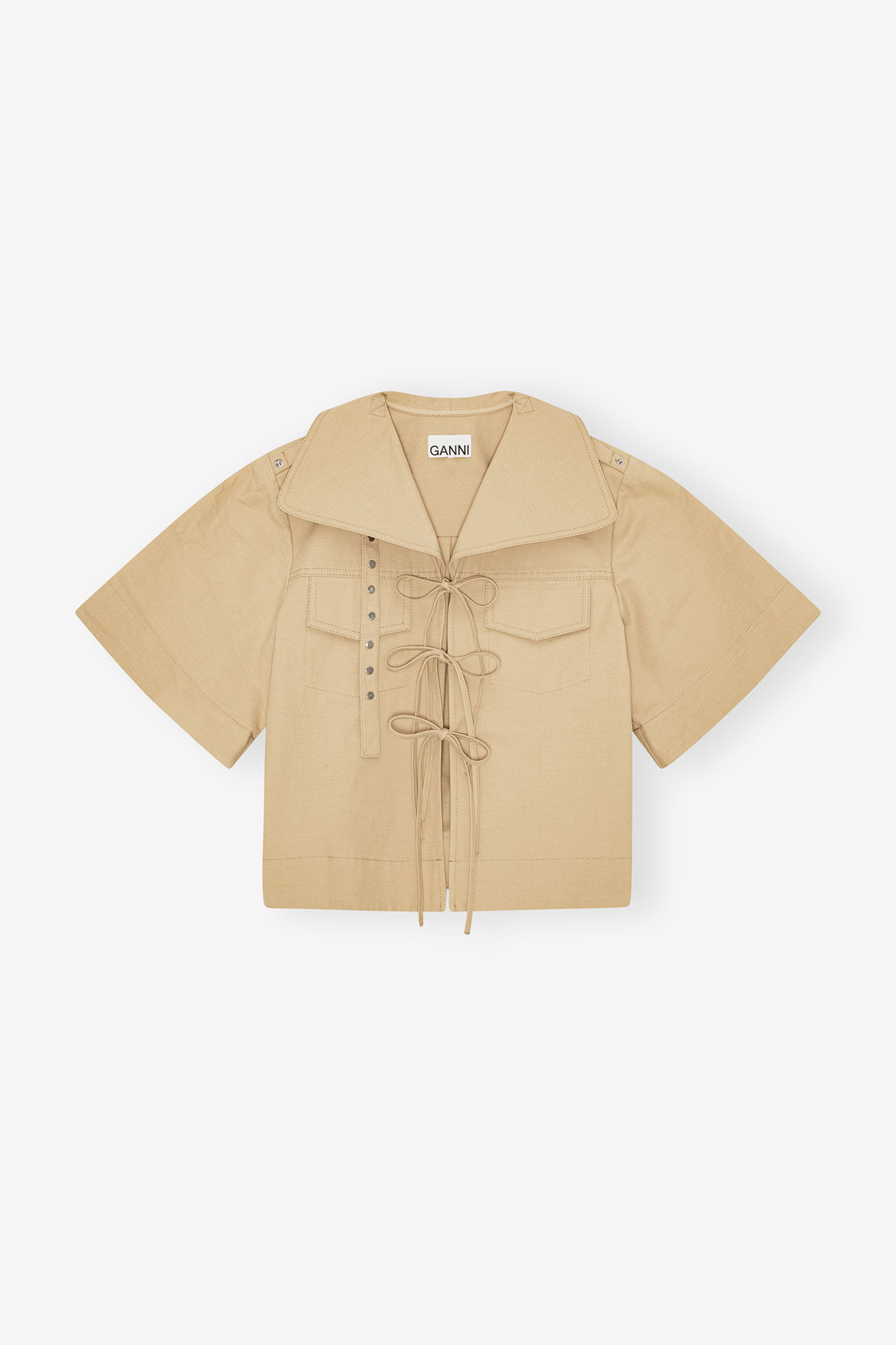 Beige Stretch Cotton Blouse, Linen, in colour Pale Khaki - 3 - GANNI