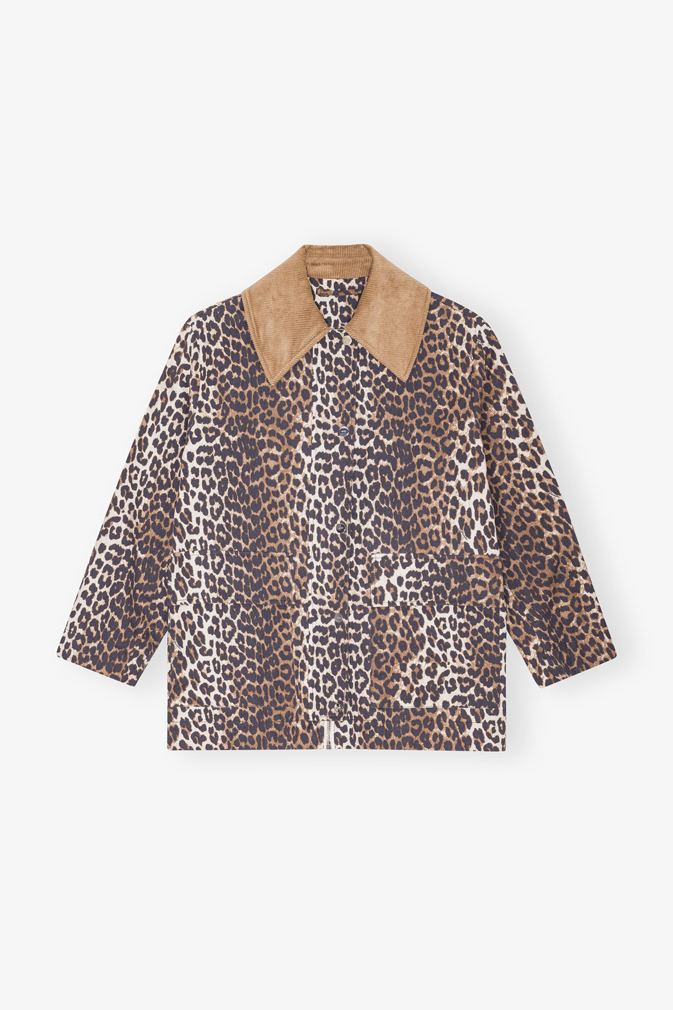 Leopard Printed Canvas Midi Jacket, Hemp, in colour Almond Milk - 1 - GANNI
