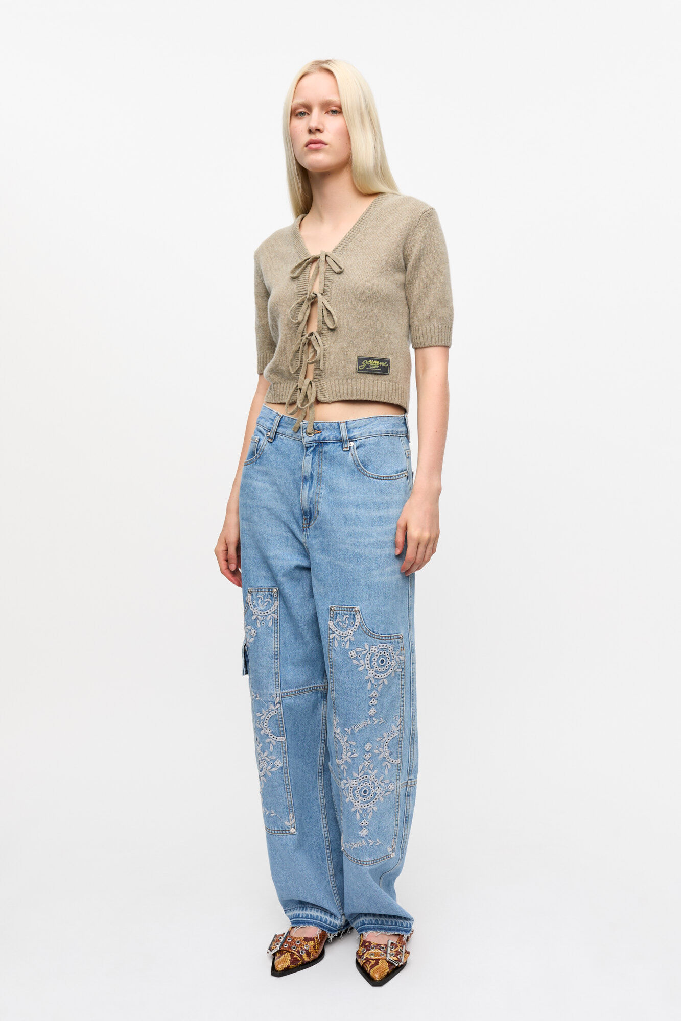 Light Blue Broderie Anglaise Denim Carpenter Jeans, Cotton, in colour Light Blue Stone - 1 - GANNI