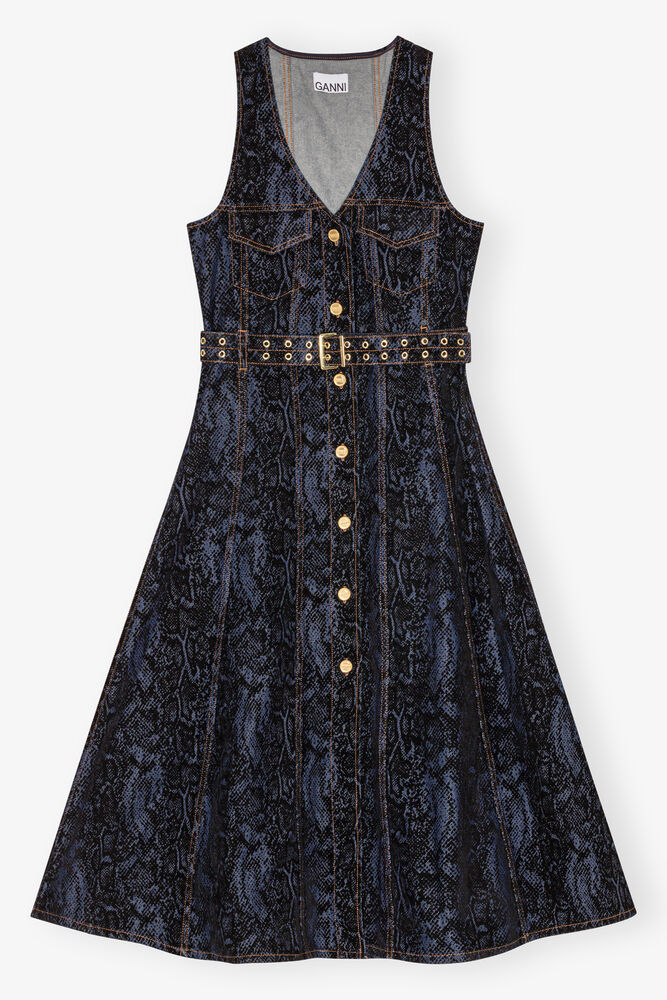 Snake Print Denim Midi-kjole