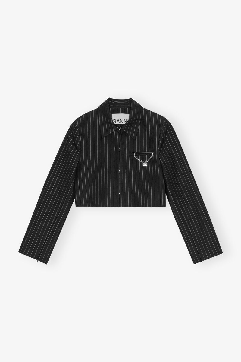 Black Pinstriped Cropped Blazer, Elastane, in colour Black - 1 - GANNI