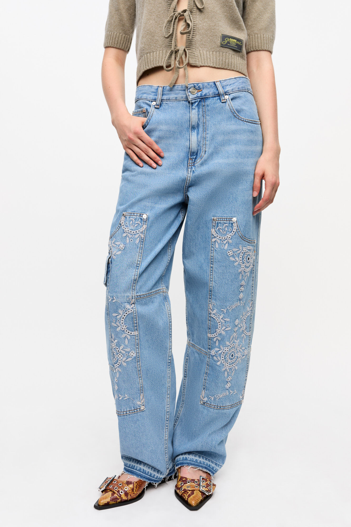 Light Blue Broderie Anglaise Denim Carpenter Jeans, Cotton, in colour Light Blue Stone - 2 - GANNI