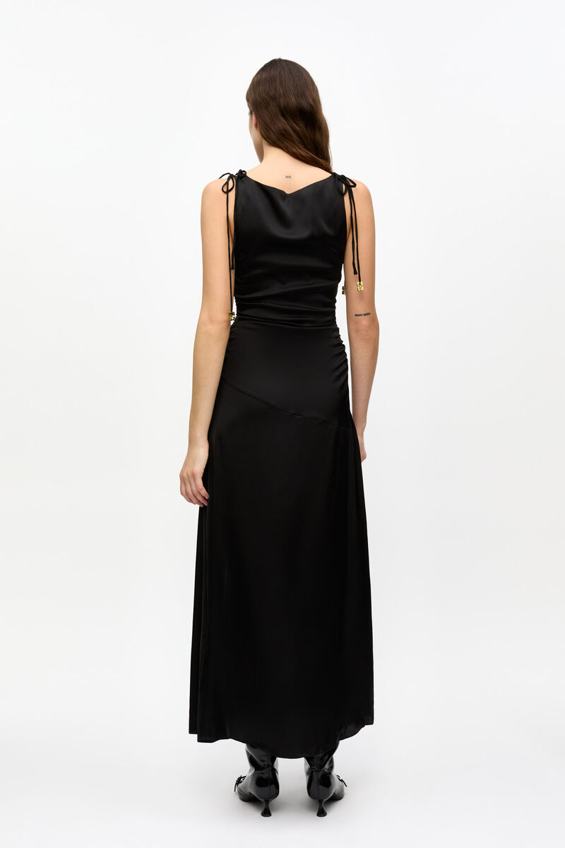 Black Satin Gathered Dress, Spandex, in colour Black - 2 - GANNI