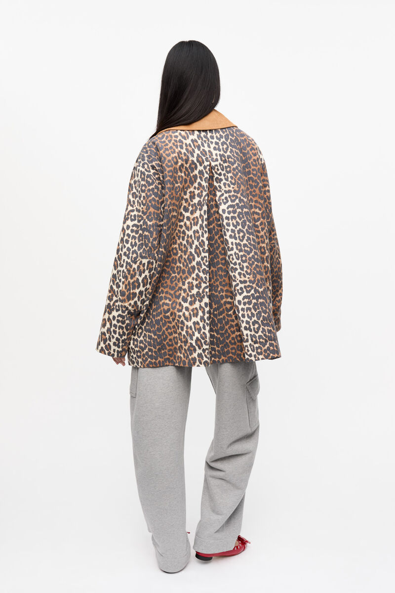 Leopard Printed Canvas Midi Jacket, Hemp, in colour Almond Milk - 4 - GANNI
