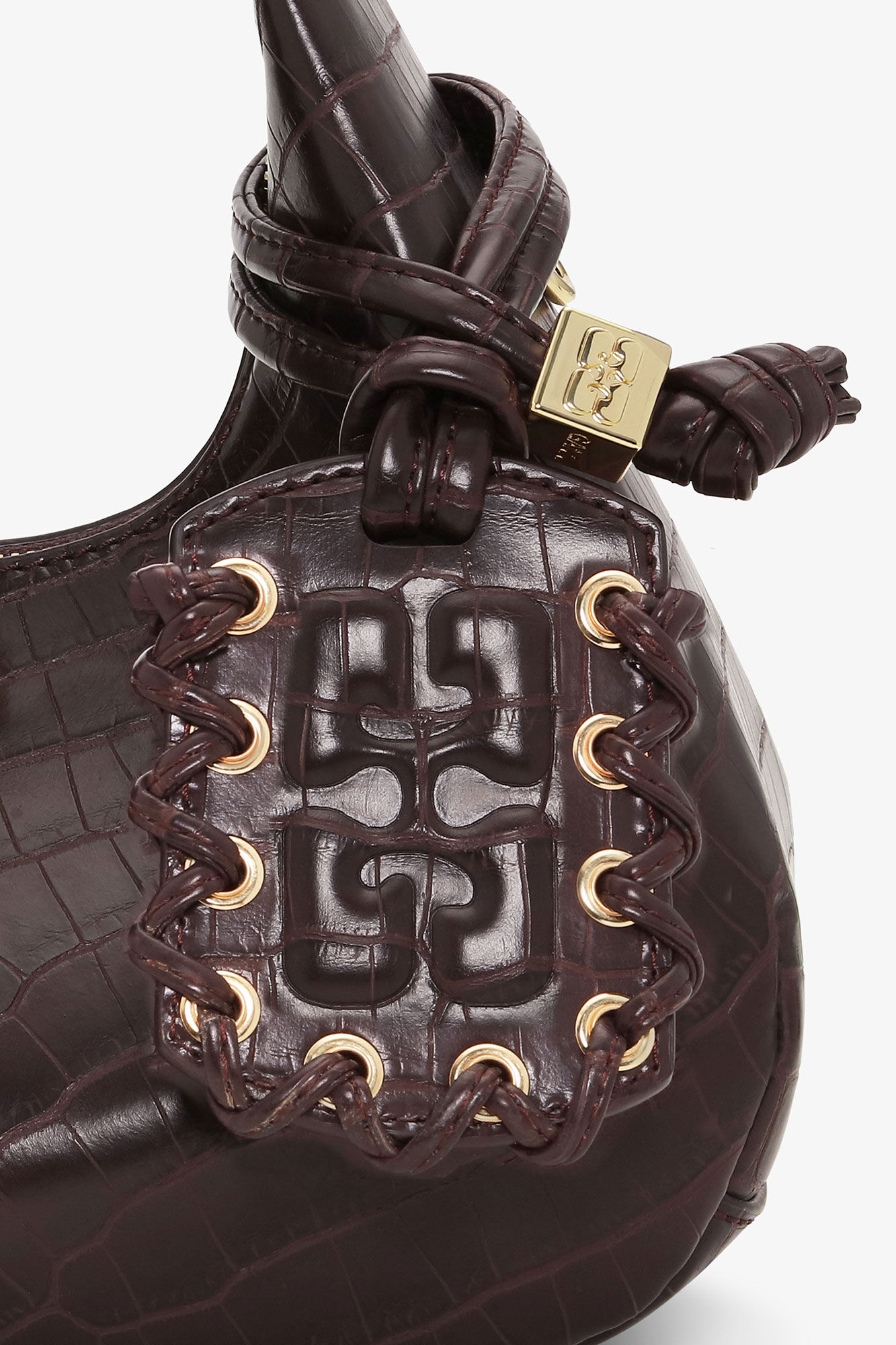 Brown Croco Mini Hobo Bag, Lyocell, in colour Chocolate Fondant - 4 - GANNI