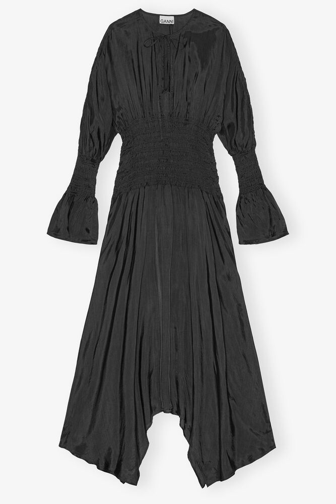 Black Viscose Habotai Smock Midi Dress
