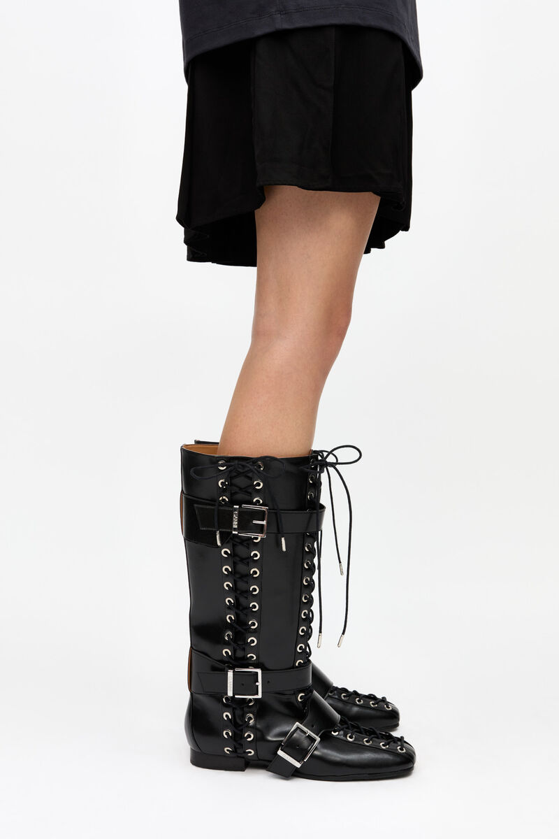 Black Crinkle Oleatex Lace-Up High Boots, Cotton, in colour Black - 2 - GANNI