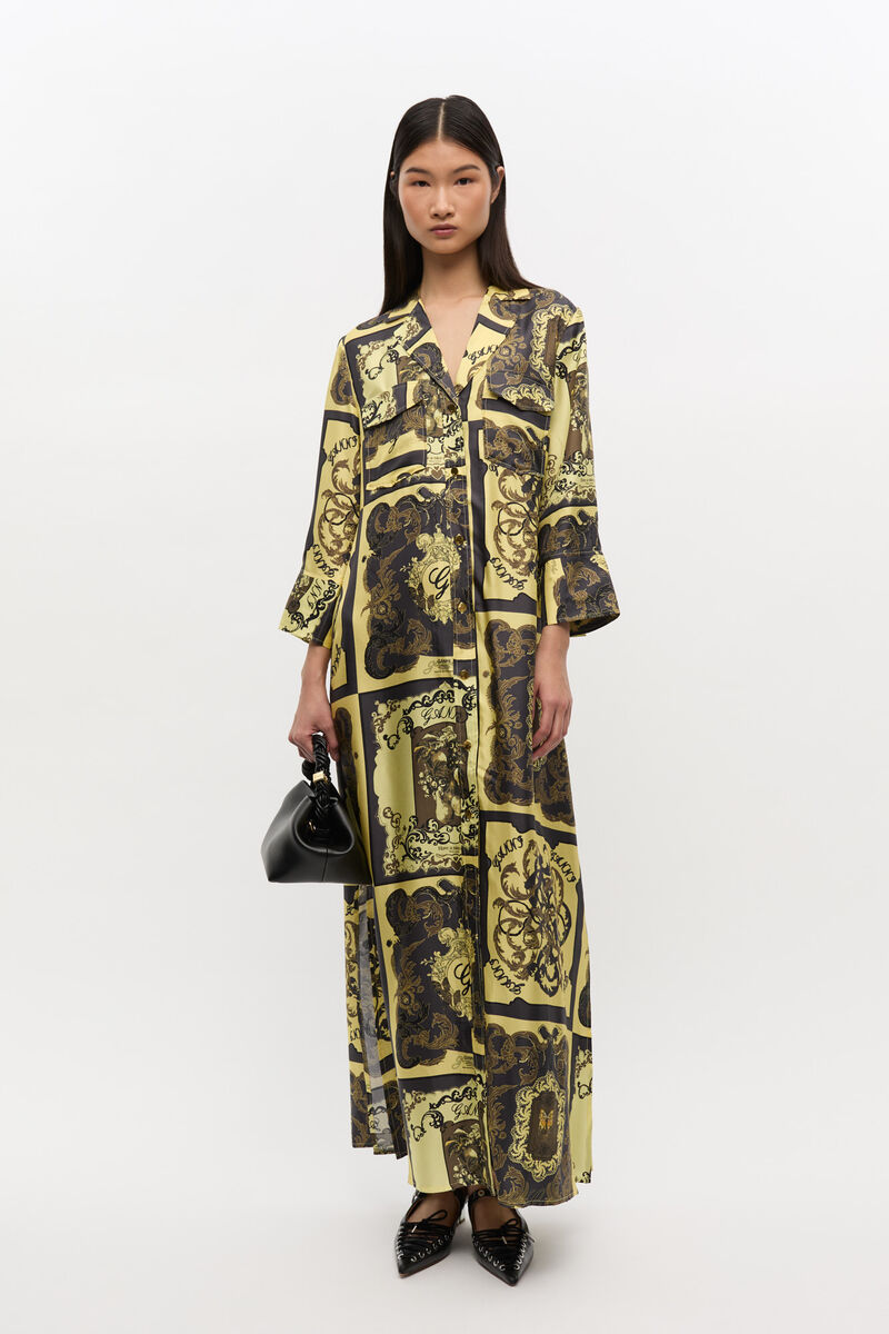 Yellow Printed Silk Midi Dress, Silk, in colour Popcorn - 1 - GANNI
