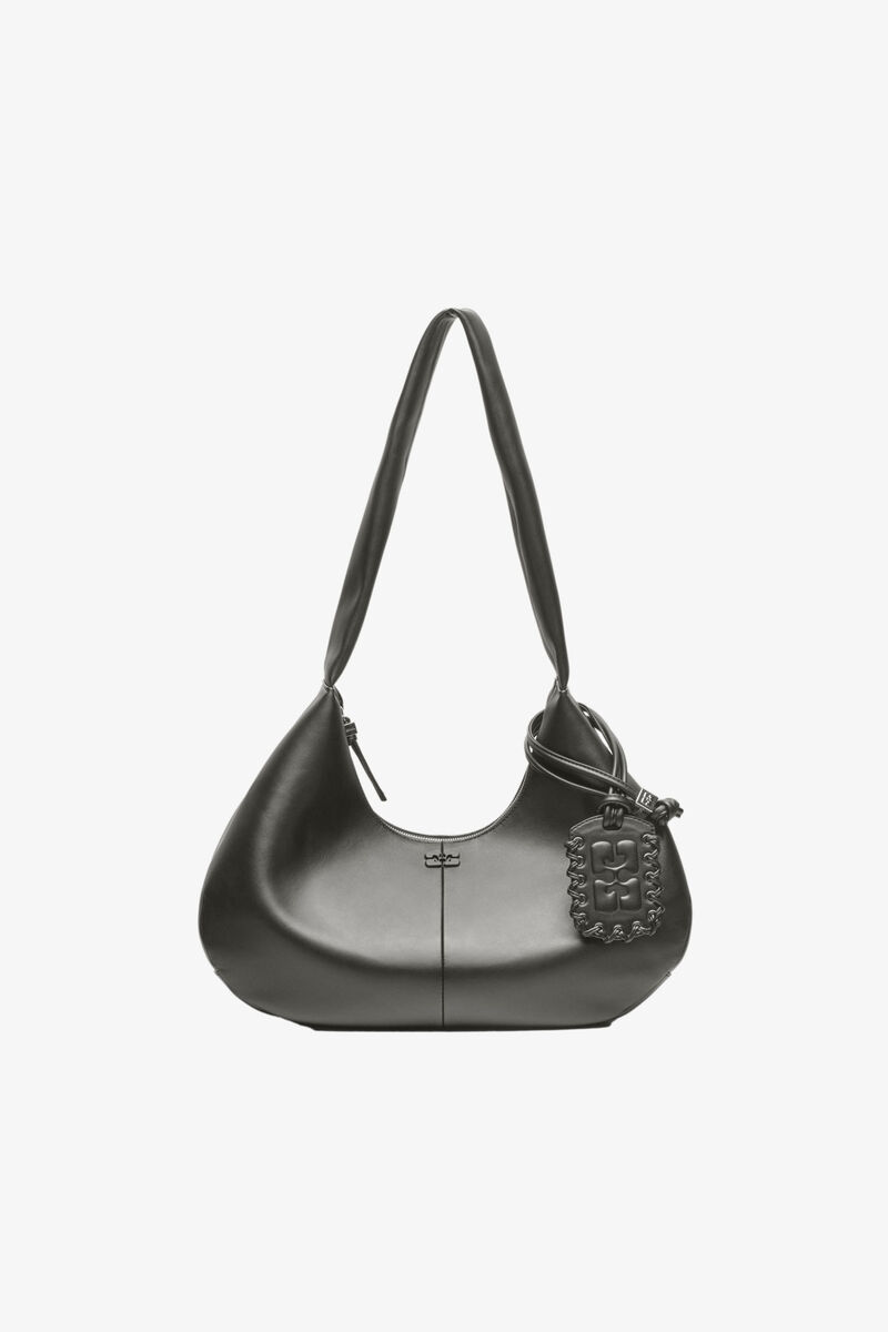 Dunkelgraue mittelgroße Hobo-Tasche, Lyocell, in colour Steal Grey - 1 - GANNI