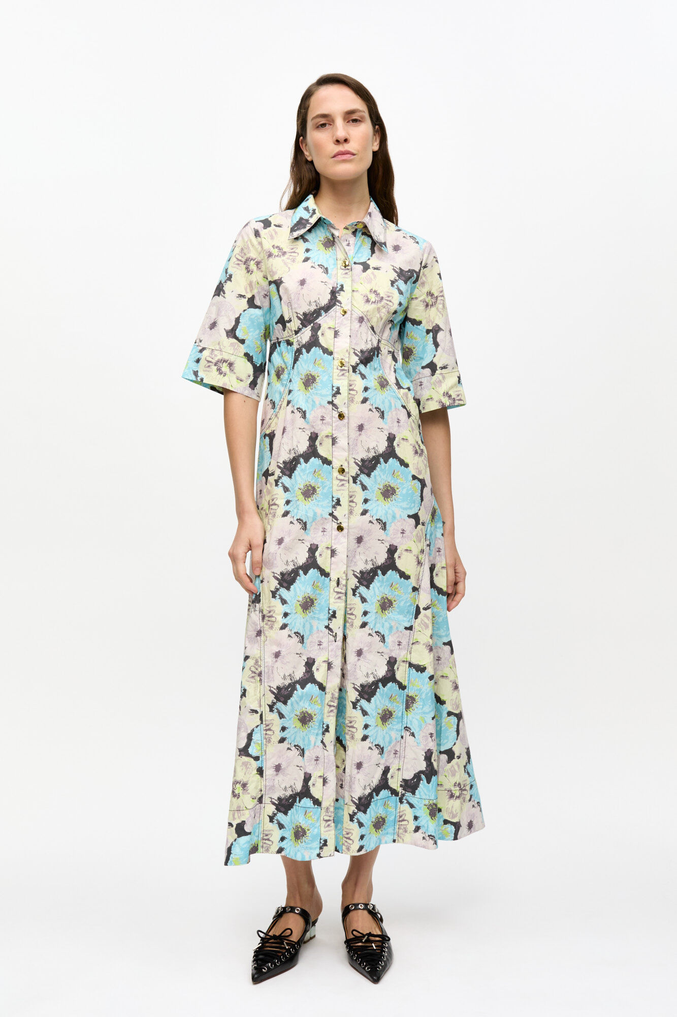 Floral Printed Cotton Long Shirt Dress, Cotton, in colour Multicolour - 1 - GANNI