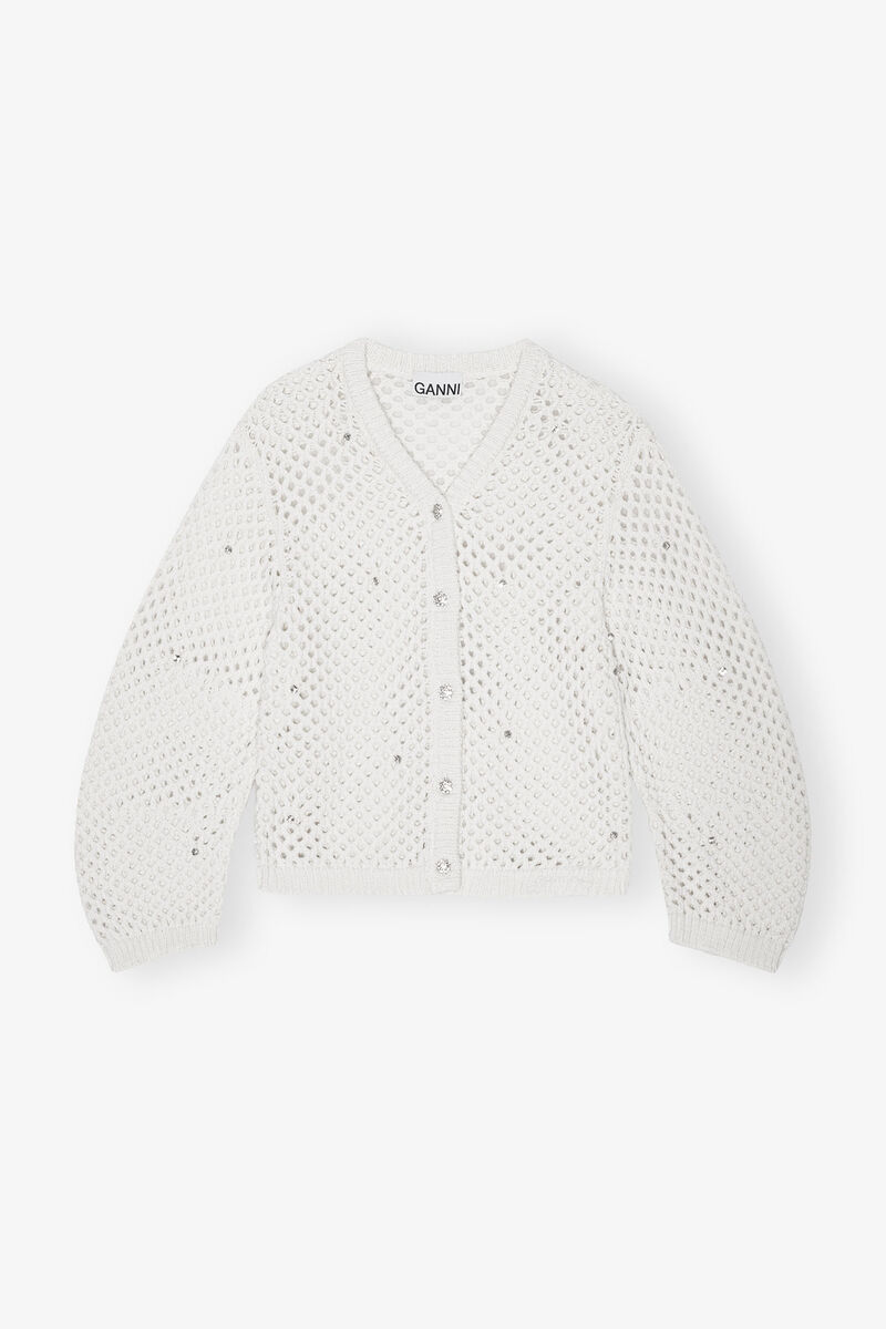Ivory Rhinestone Cotton Pointelle Cardigan, Cotton, in colour Egret - 1 - GANNI