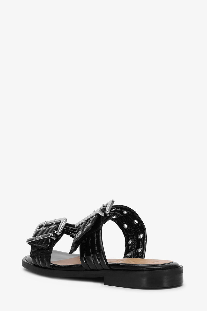 Schwarze feminine Schnallensandalen mit zwei Riemen, Cotton, in colour Black - 3 - GANNI