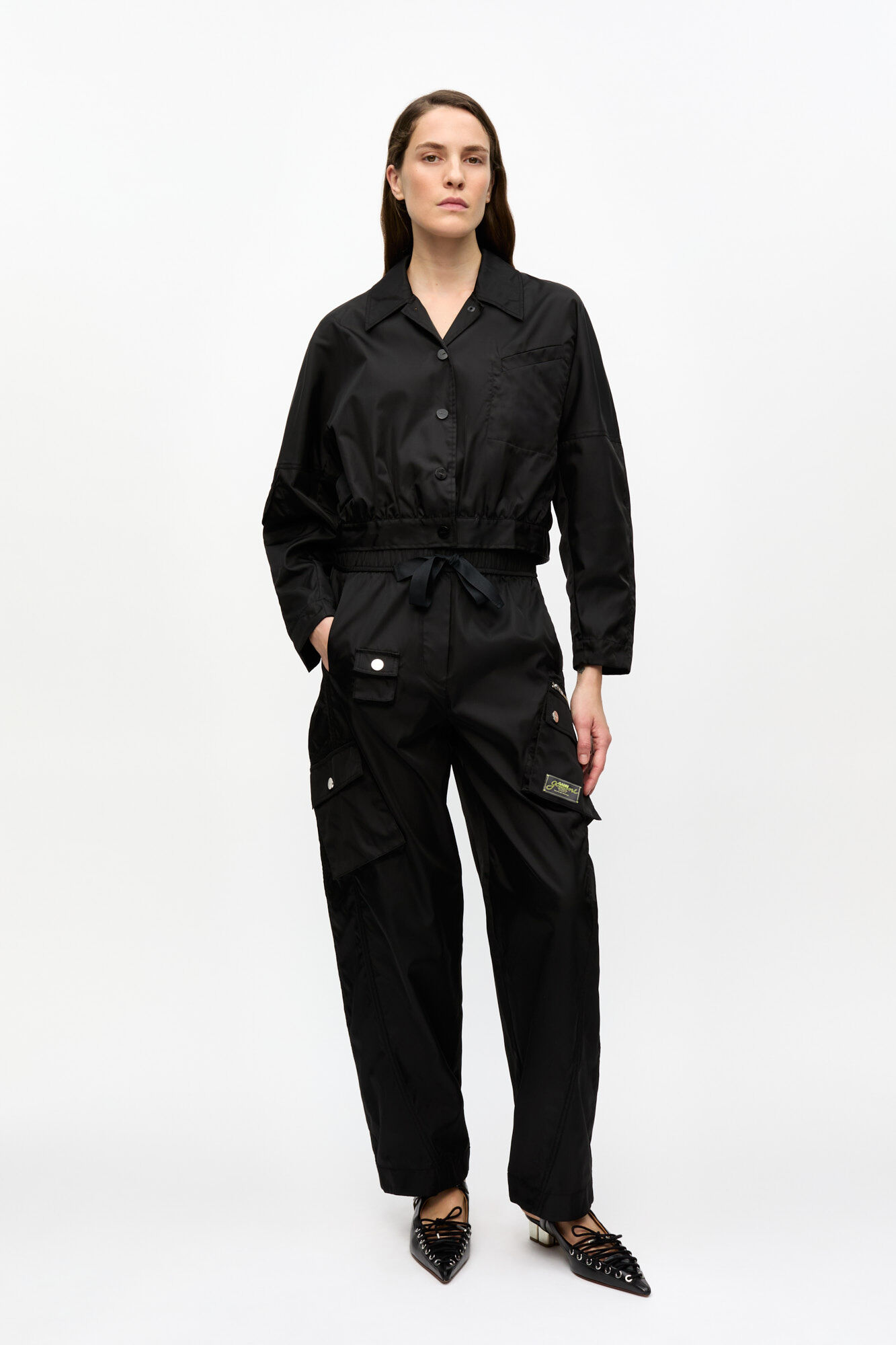 Black Duchesse Nylon Cargo Trousers, Polyurethane, in colour Black - 1 - GANNI