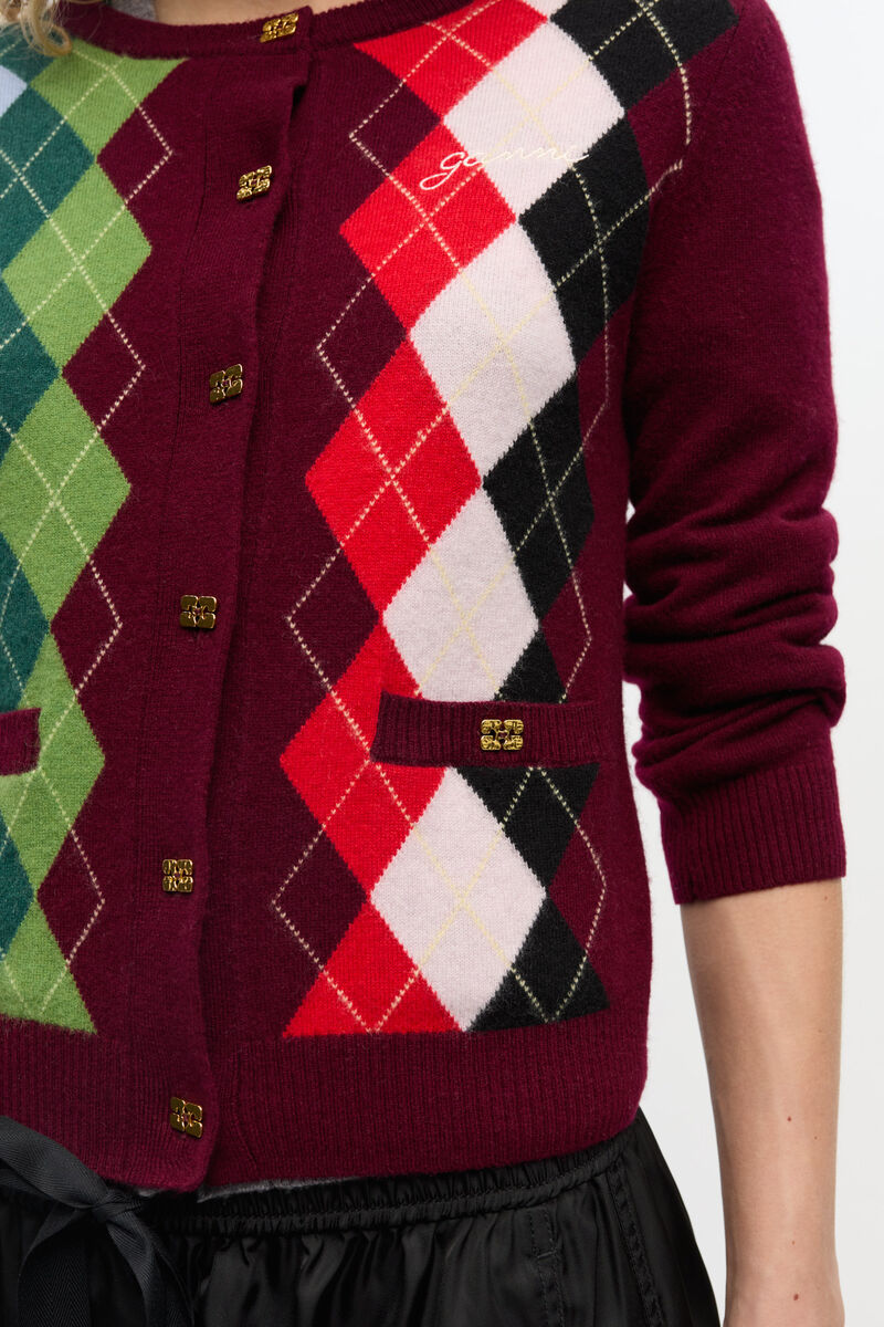 Burgunderrote Strickjacke mit Karomuster, Cashmere, in colour Tawny Port - 4 - GANNI