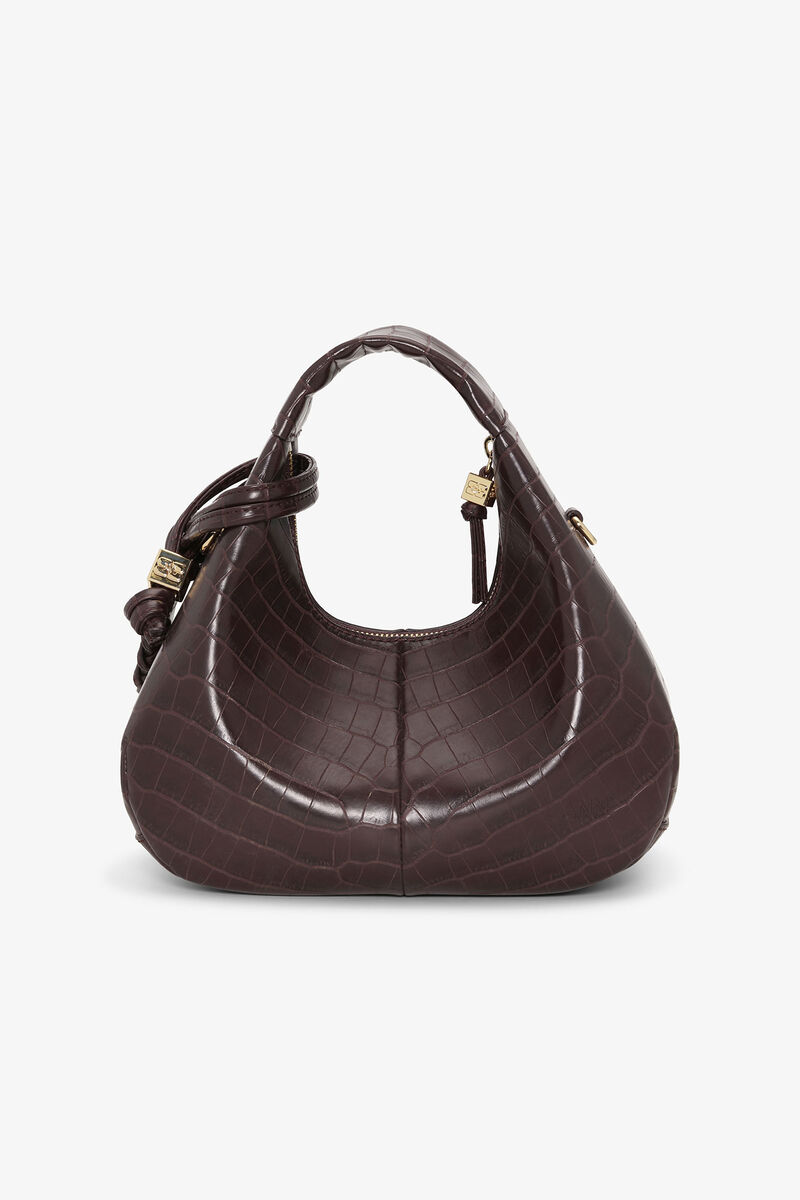 Brown Croco Mini Hobo Bag, Lyocell, in colour Chocolate Fondant - 3 - GANNI