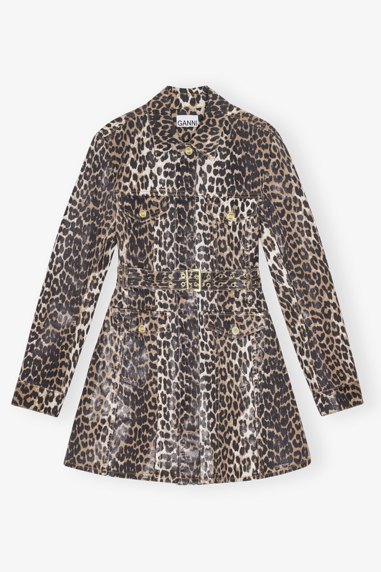 Leopard Foil Mini Dress, Cotton, in colour Leopard - 1 - GANNI