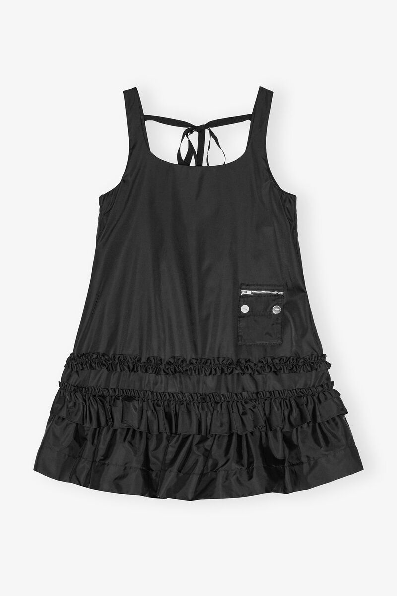 Black Duchesse Nylon Mini Dress, Polyurethane, in colour Black - 1 - GANNI