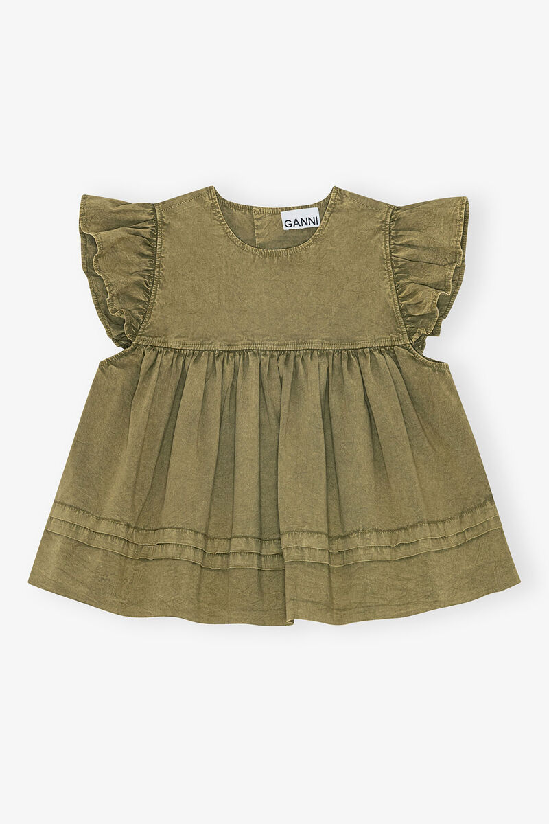 Green Washed Cotton Top, Elastane, in colour Boa - 1 - GANNI