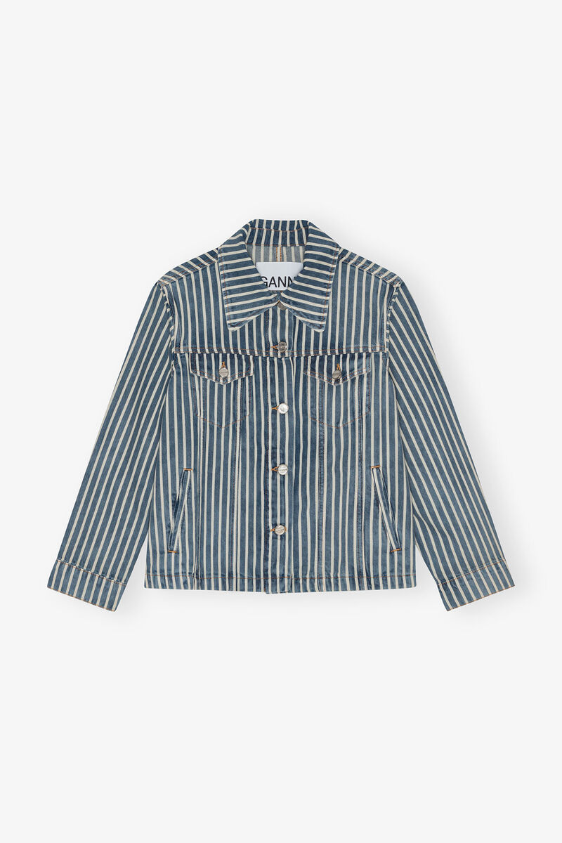 Striped Denim Jacket, Cotton, in colour Soft Chambray - 1 - GANNI