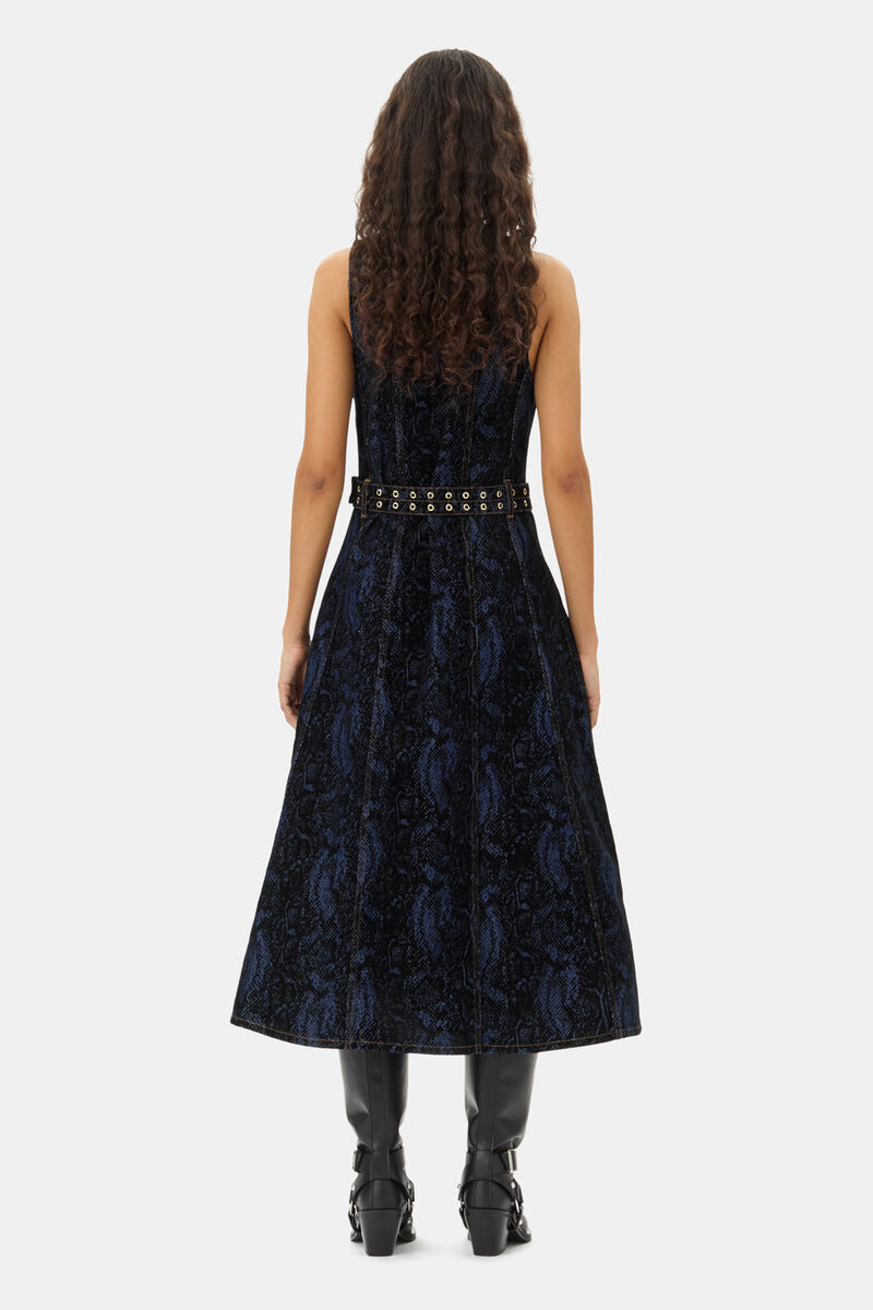 Blue Snake Print Dress, Cotton, in colour Indigo - 4 - GANNI