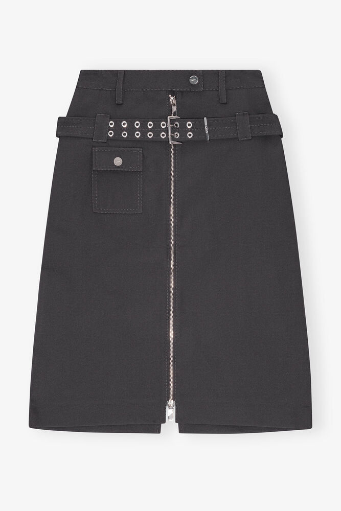 Black Heavy Twill Midi Skirt