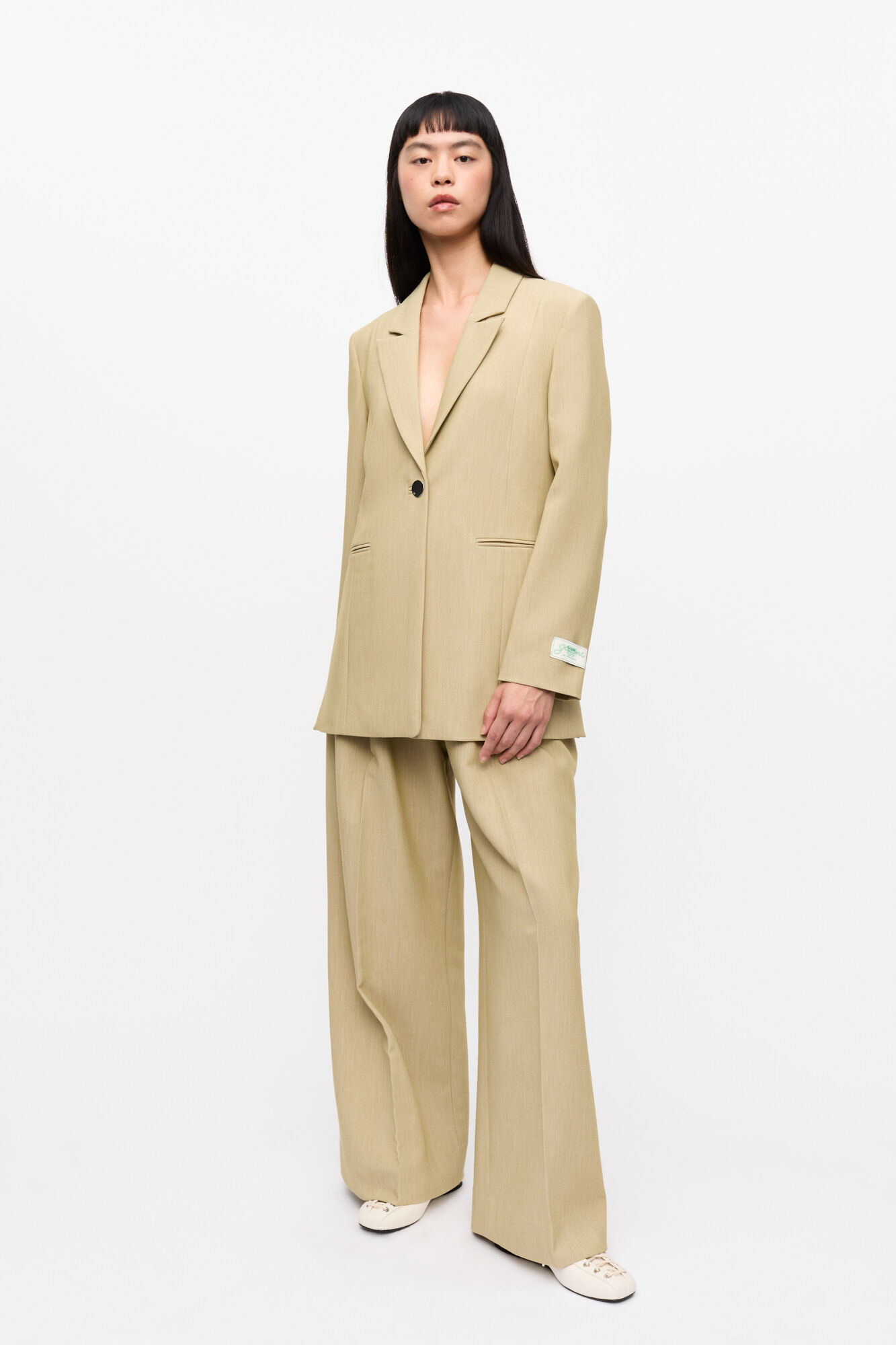 Beige Twill Suiting Blazer, Elastane, in colour Boa - 3 - GANNI
