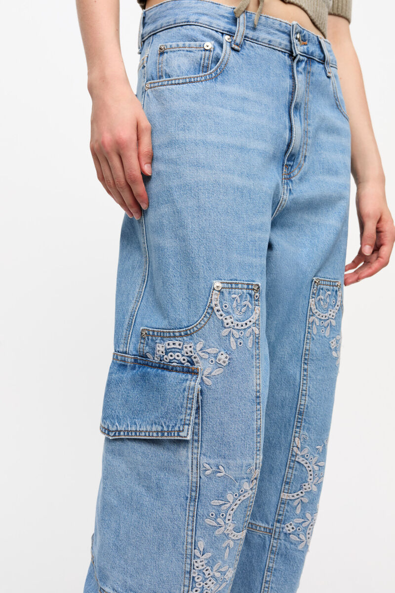 Light Blue Broderie Anglaise Denim Carpenter Jeans, Cotton, in colour Light Blue Stone - 4 - GANNI