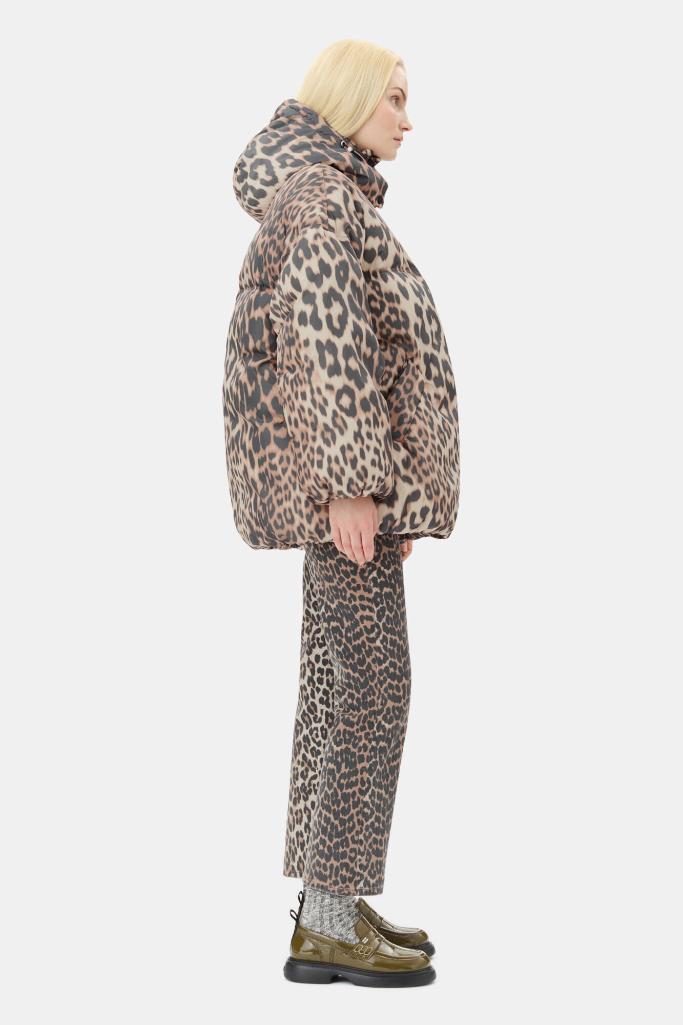Leopard Midi Puffer Jacket, Recycled Polyester, in colour Almond Milk - 3 - GANNI