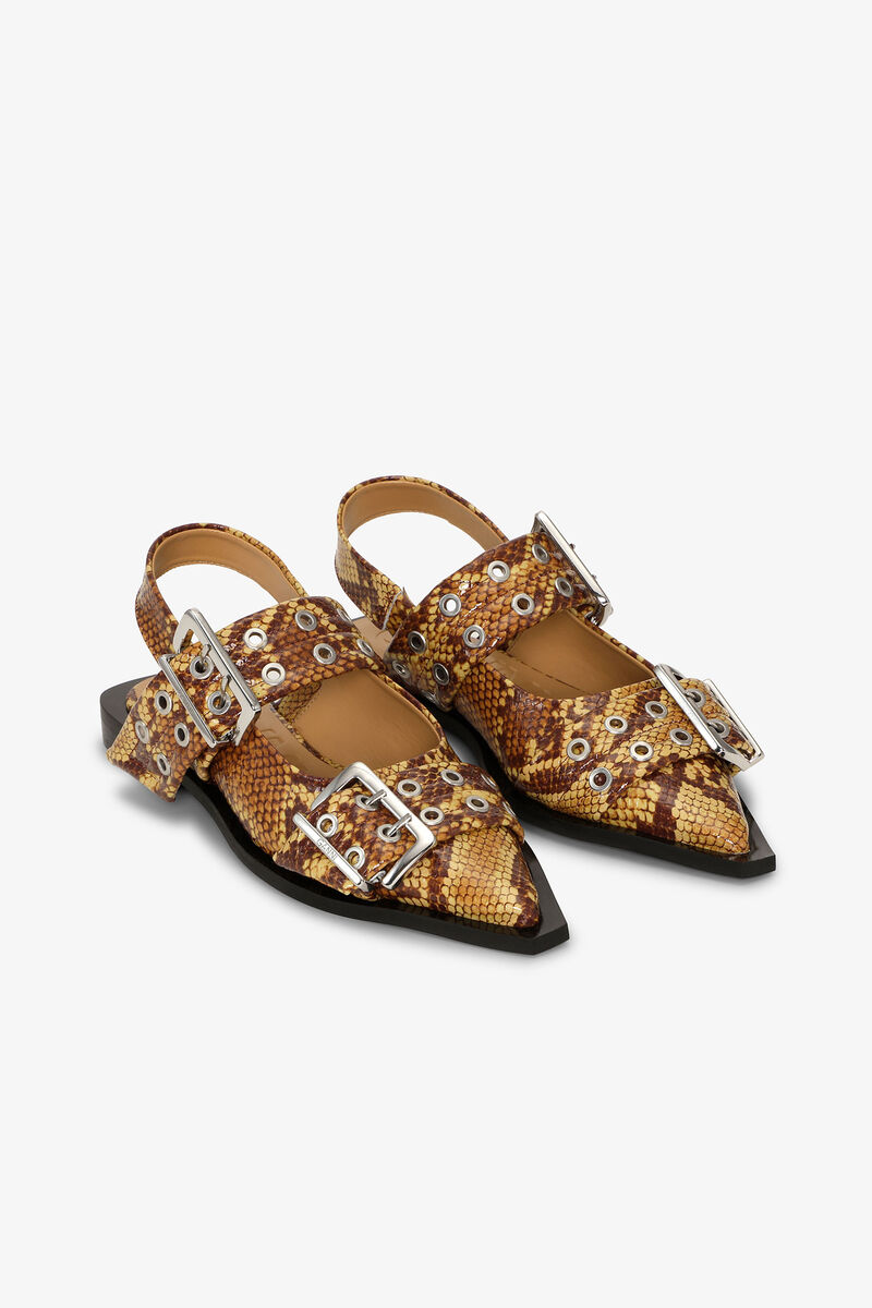 Brown Snake Feminine Buckle Ballerinas, Polyester, in colour Buckthorn Brown - 3 - GANNI