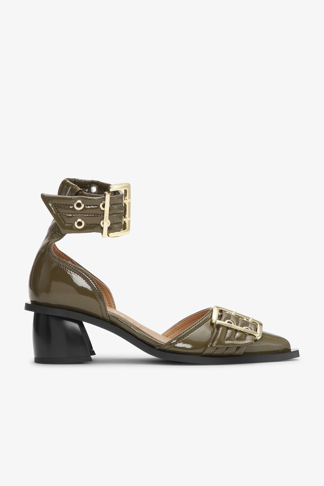 Olive Green Feminine Buckle Open Cut Pumps