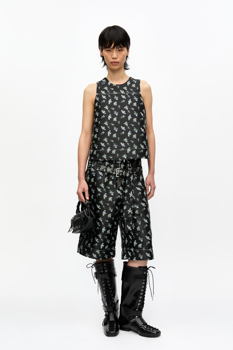 Floral Jacquard Sleeveless Top, Recycled Polyester, in colour Black - 2 - GANNI