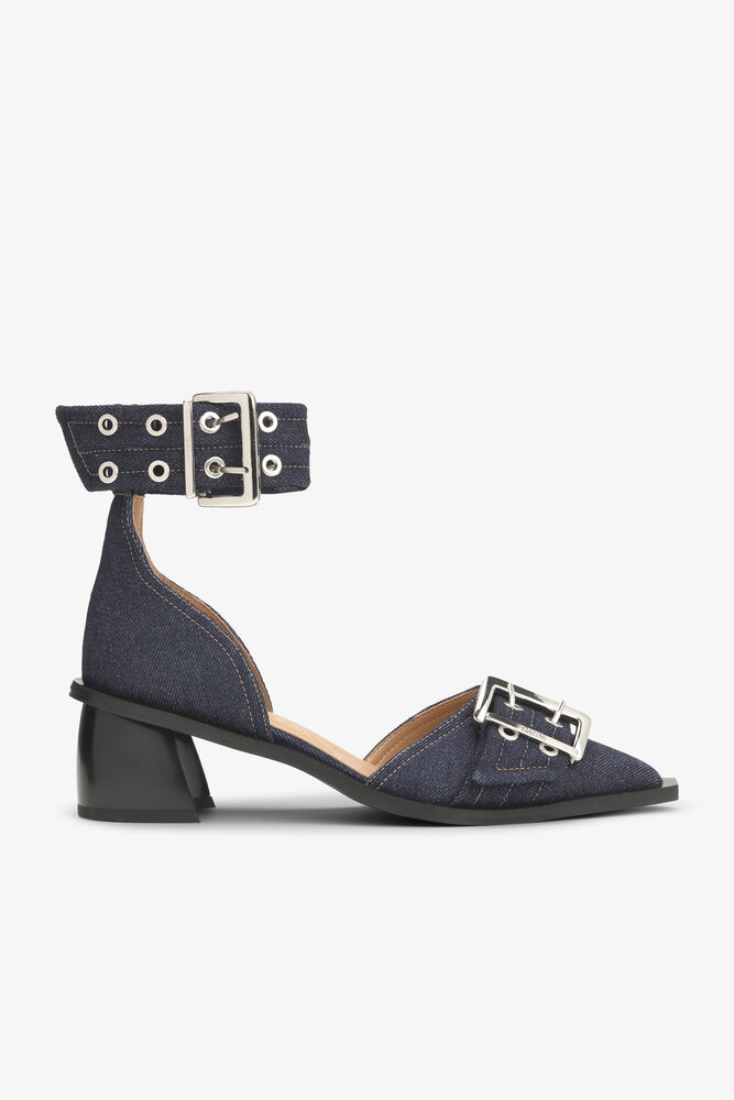 Denim Feminine Buckle Open Cut Pumps