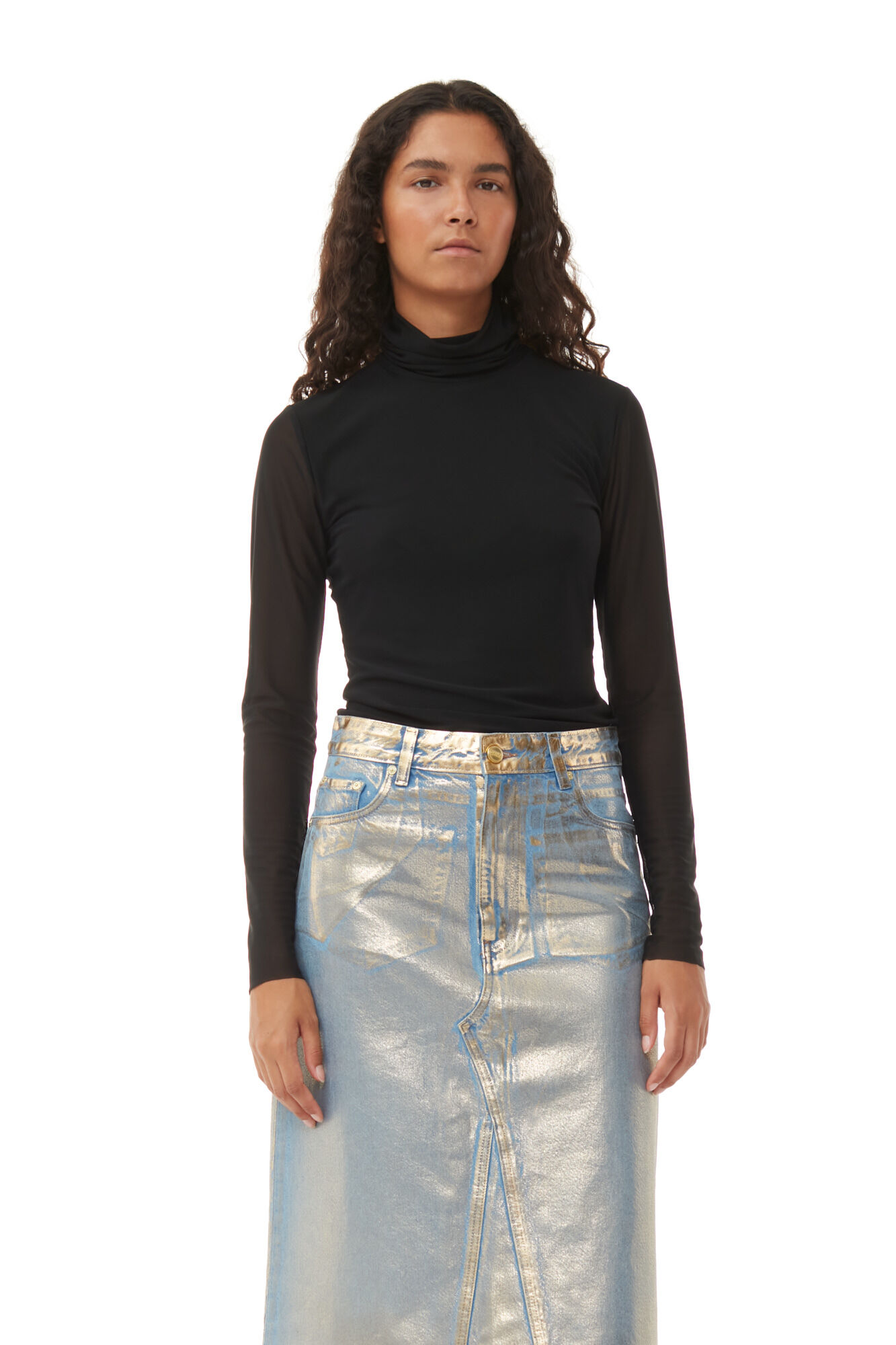 Gold Denim Midi Skirt, Cotton, in colour Gold - 4 - GANNI