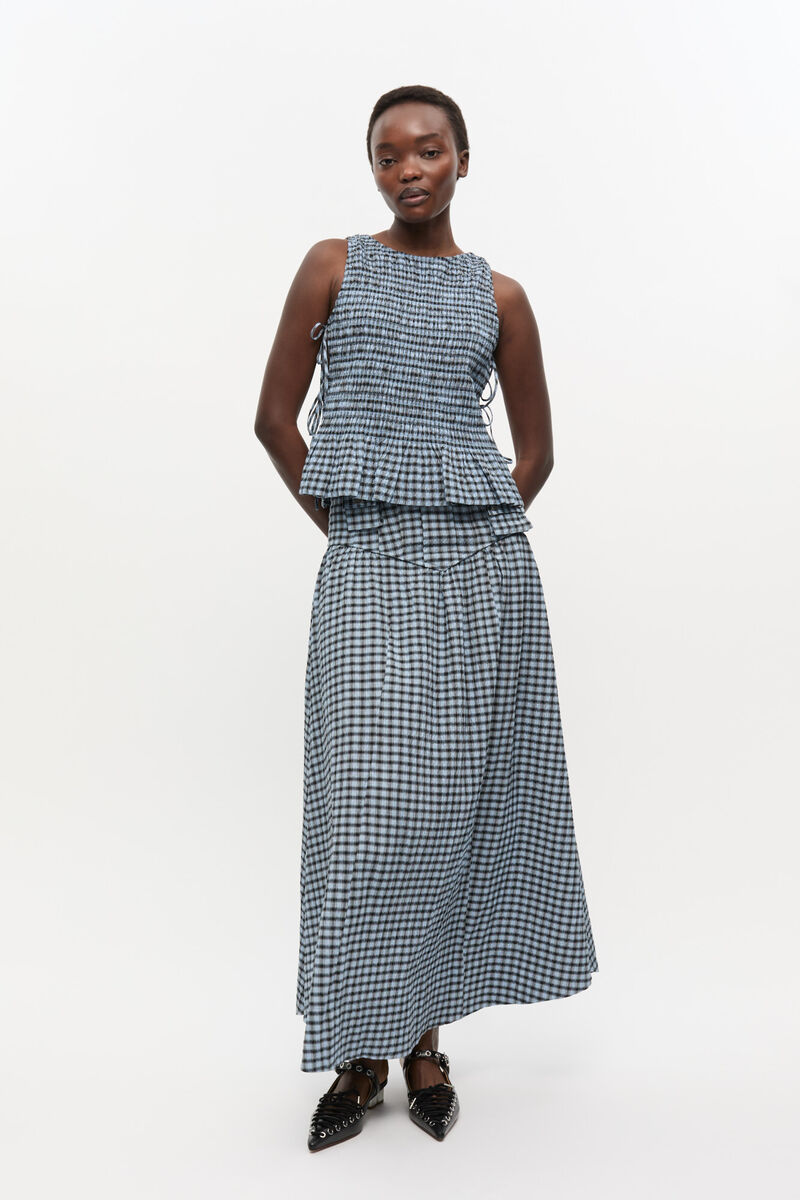 Blue Seersucker Check Long Skirt, Elastane, in colour Soft Chambray - 1 - GANNI