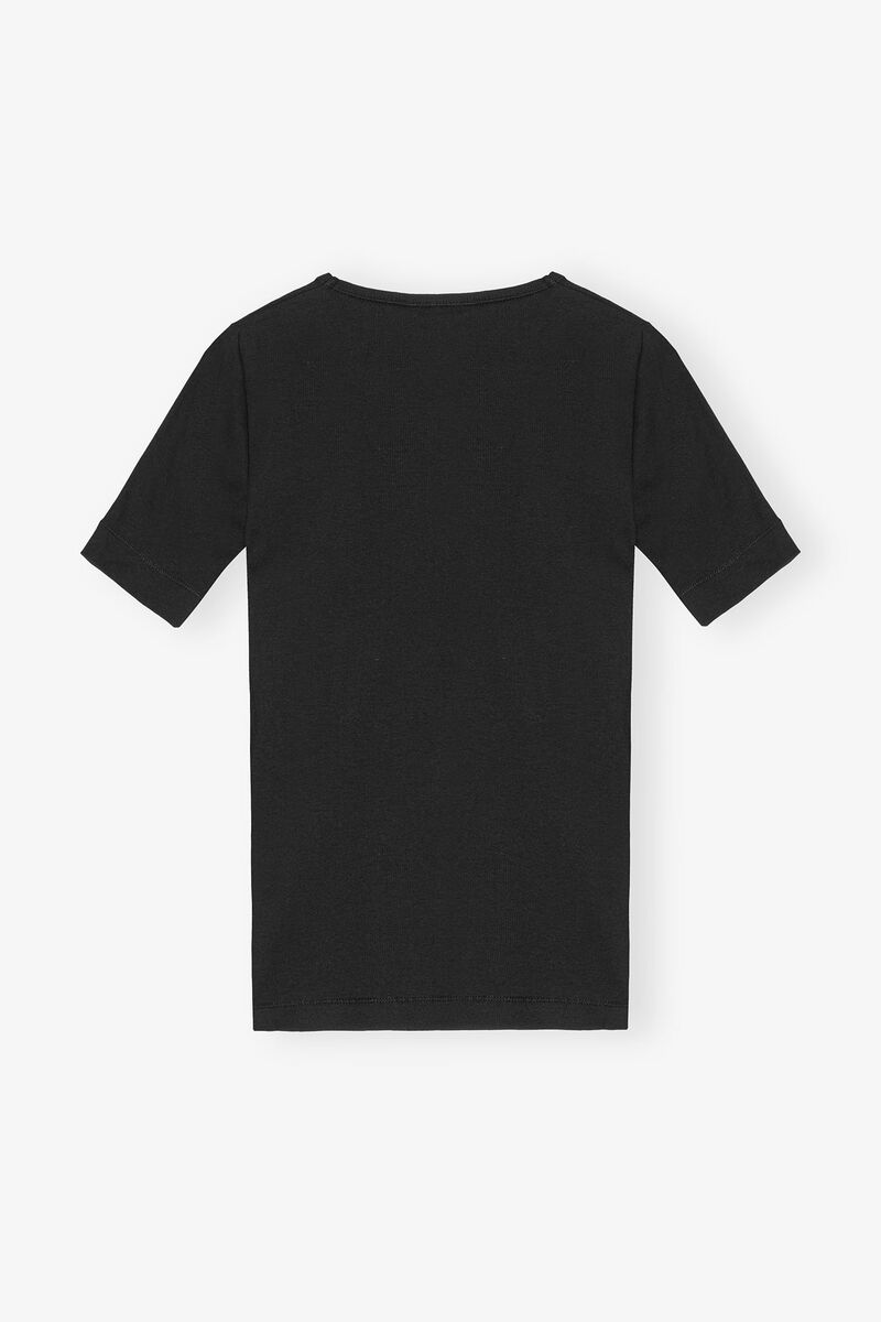 Black Soft Cotton Rib Short Sleeve T-Shirt, Elastane, in colour Black - 2 - GANNI