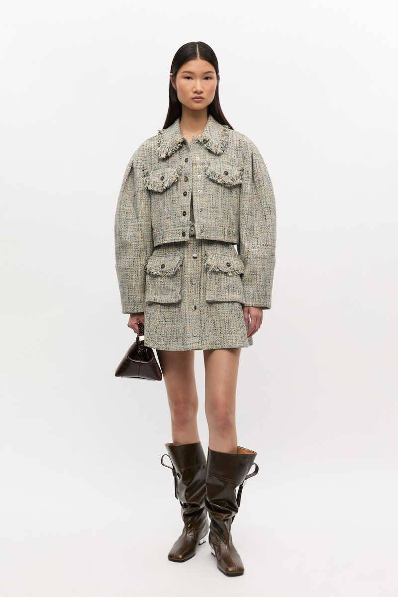 Short Tweed Jacket, Cotton, in colour Alaskan Blue - 2 - GANNI