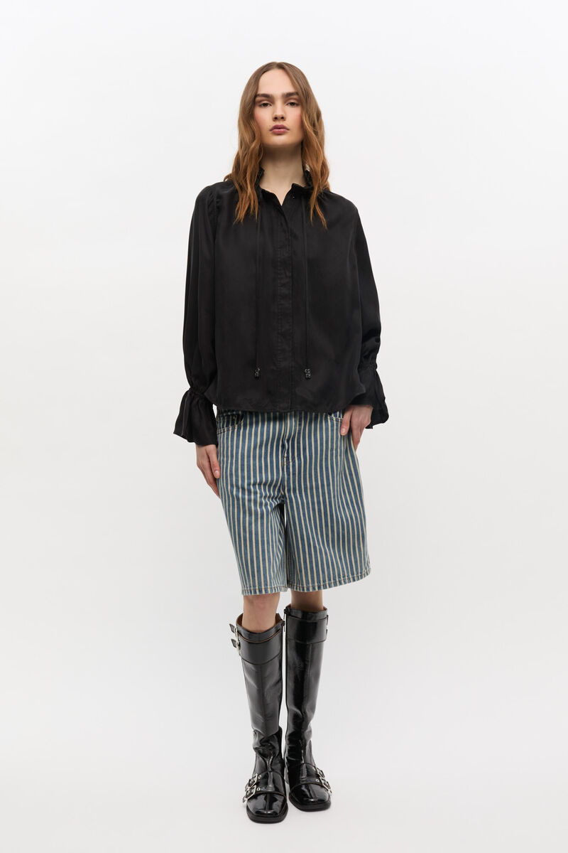 Black Fluid Cupro Tie Shirt, Cupro, in colour Black - 2 - GANNI