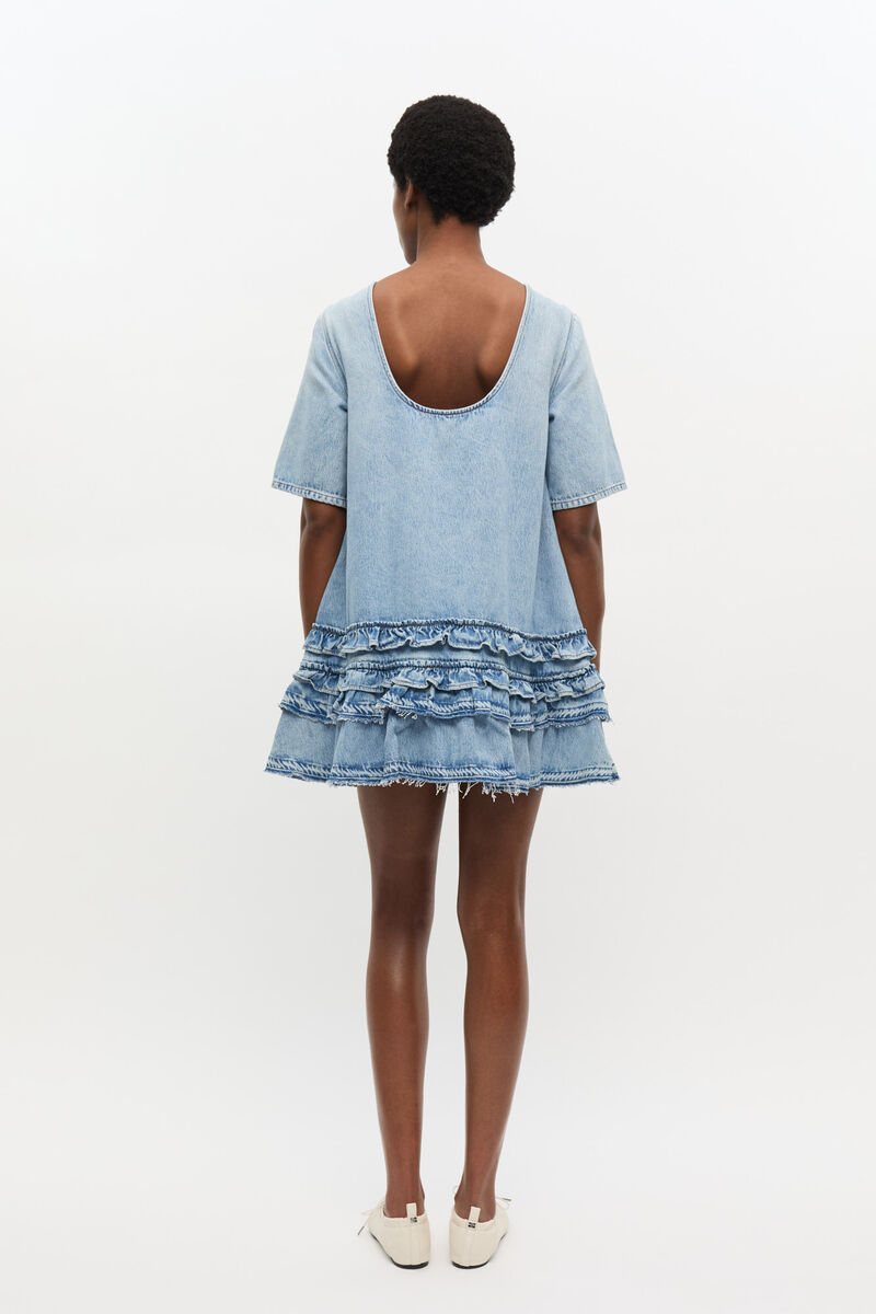 Light Blue Denim Frill Mini Dress, Lyocell, in colour Light Blue Stone - 2 - GANNI