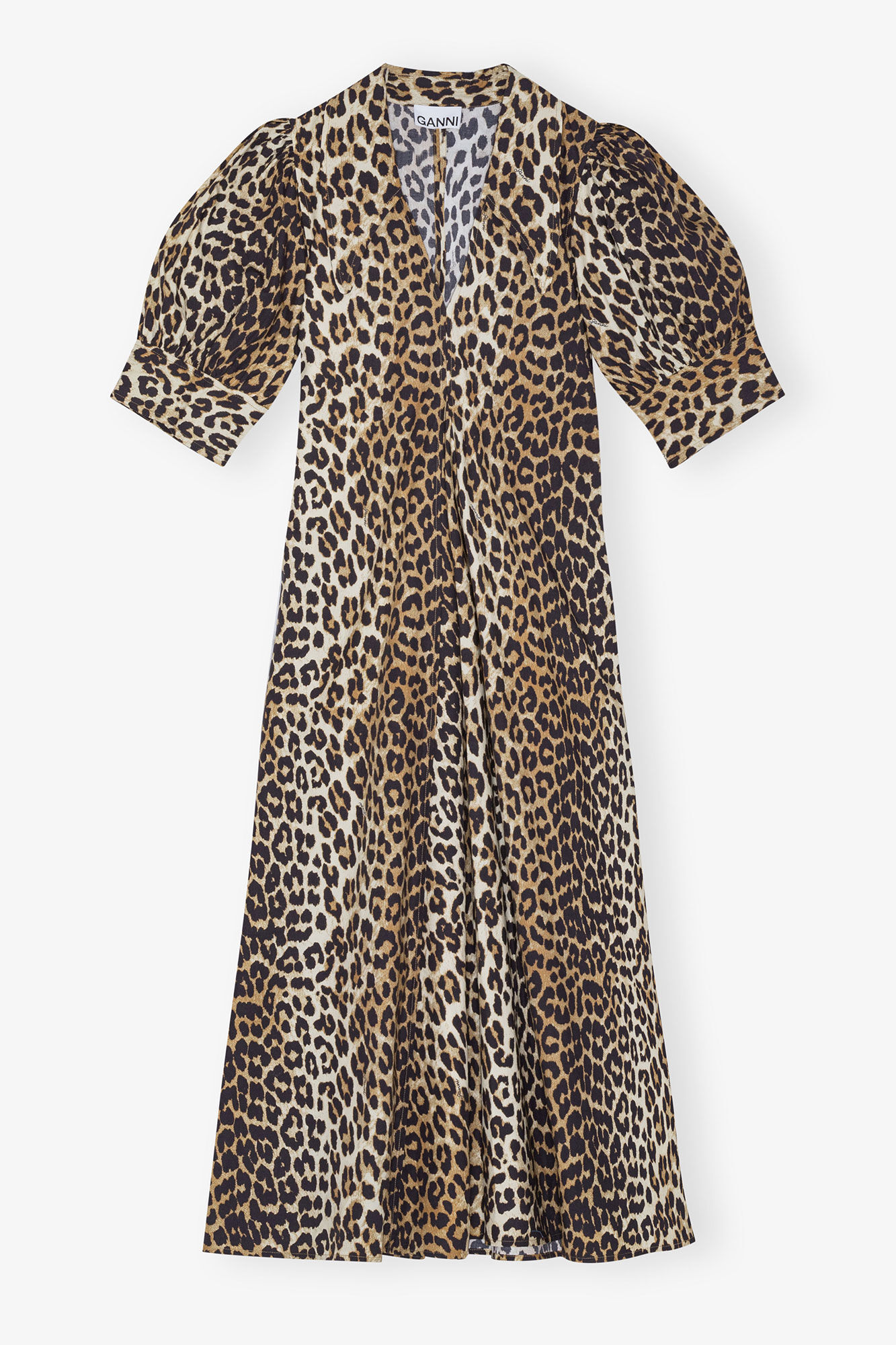 Leopard Cotton Poplin V-neck Maxi Dress, Cotton, in colour Leopard - 1 - GANNI