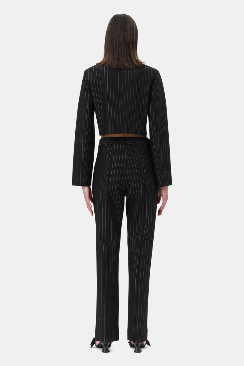 Black Pinstriped Cropped Blazer, Elastane, in colour Black - 4 - GANNI