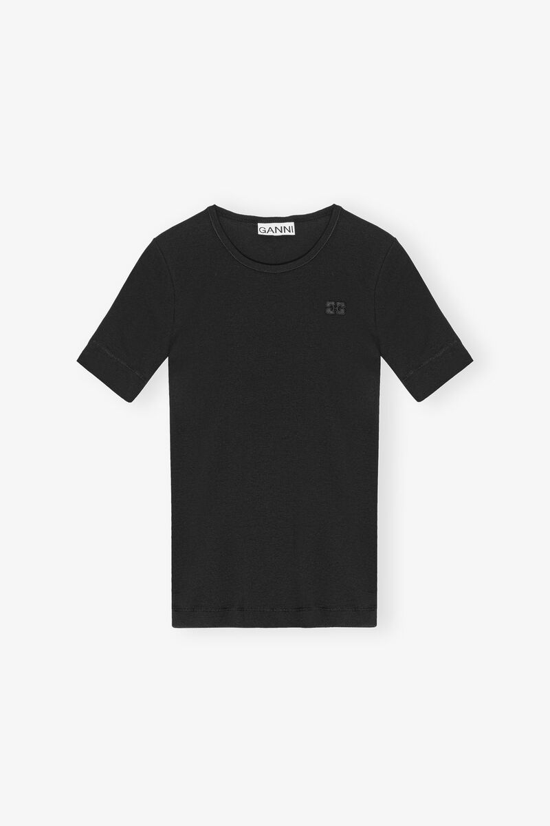 Black Soft Cotton Rib Short Sleeve T-Shirt, Elastane, in colour Black - 1 - GANNI