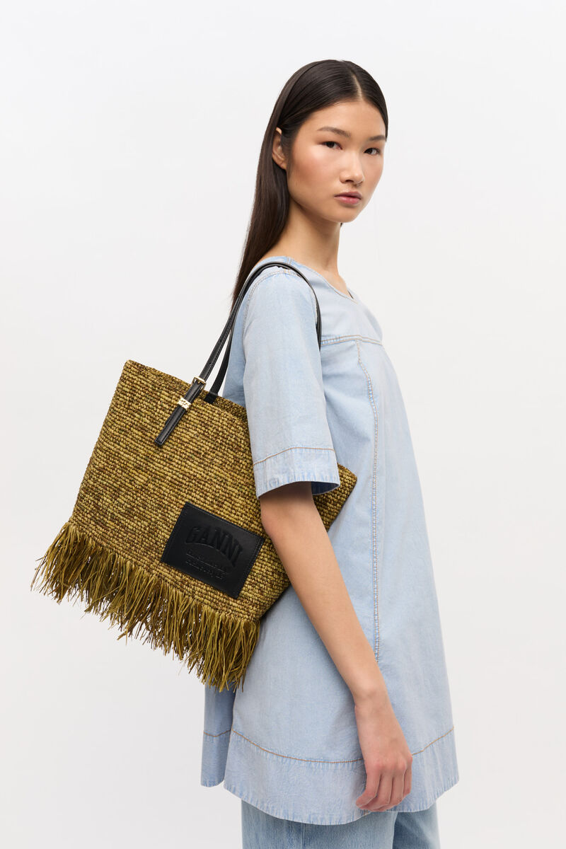 Raffia Tote Fringes Bag Small, in colour Spinach Green - 3 - GANNI
