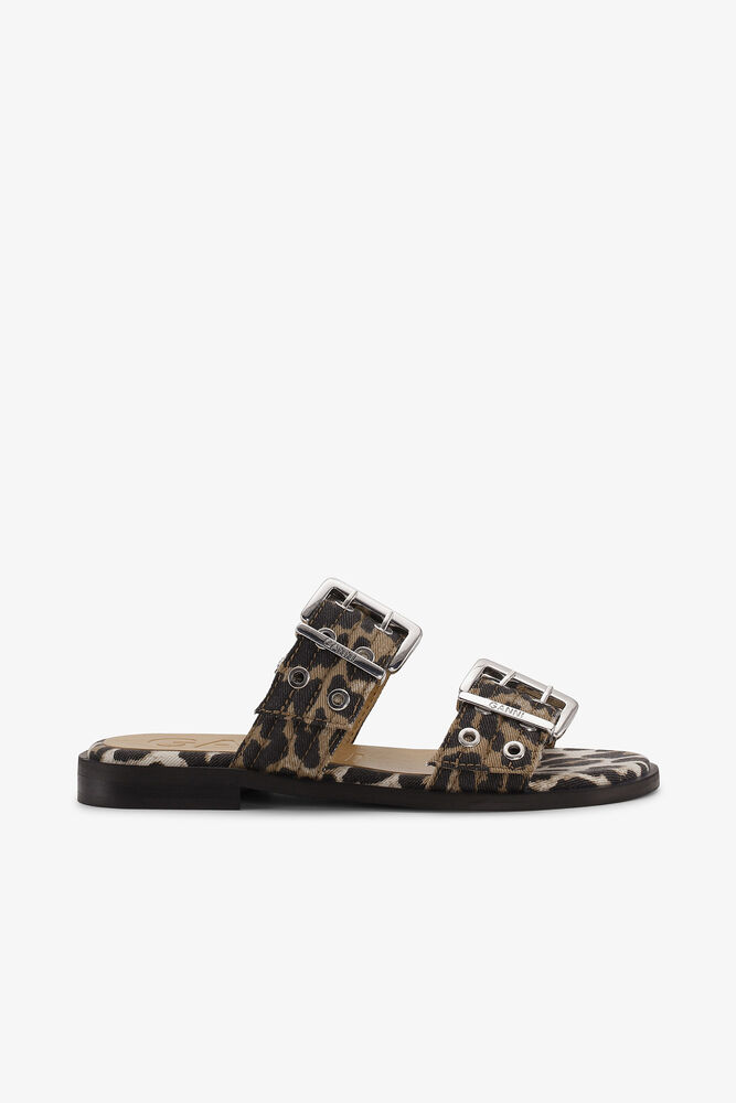 Leopard Denim Feminine Buckle Two-Strap Sandals